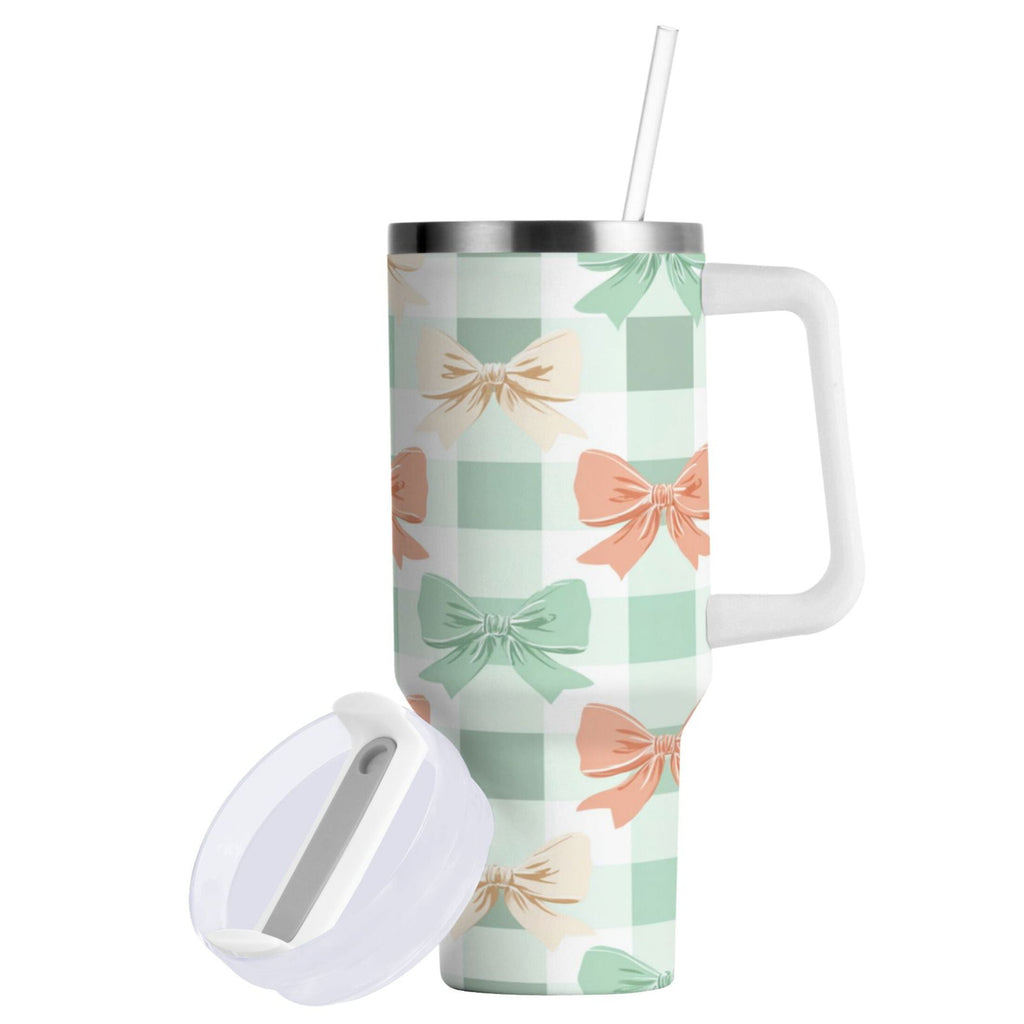 40 oz Insulated Stainless Steel Tumbler Double Wall Stainless Steel Tumbler with 2-Way Drinking Green and Peach Bow Pattern C544E