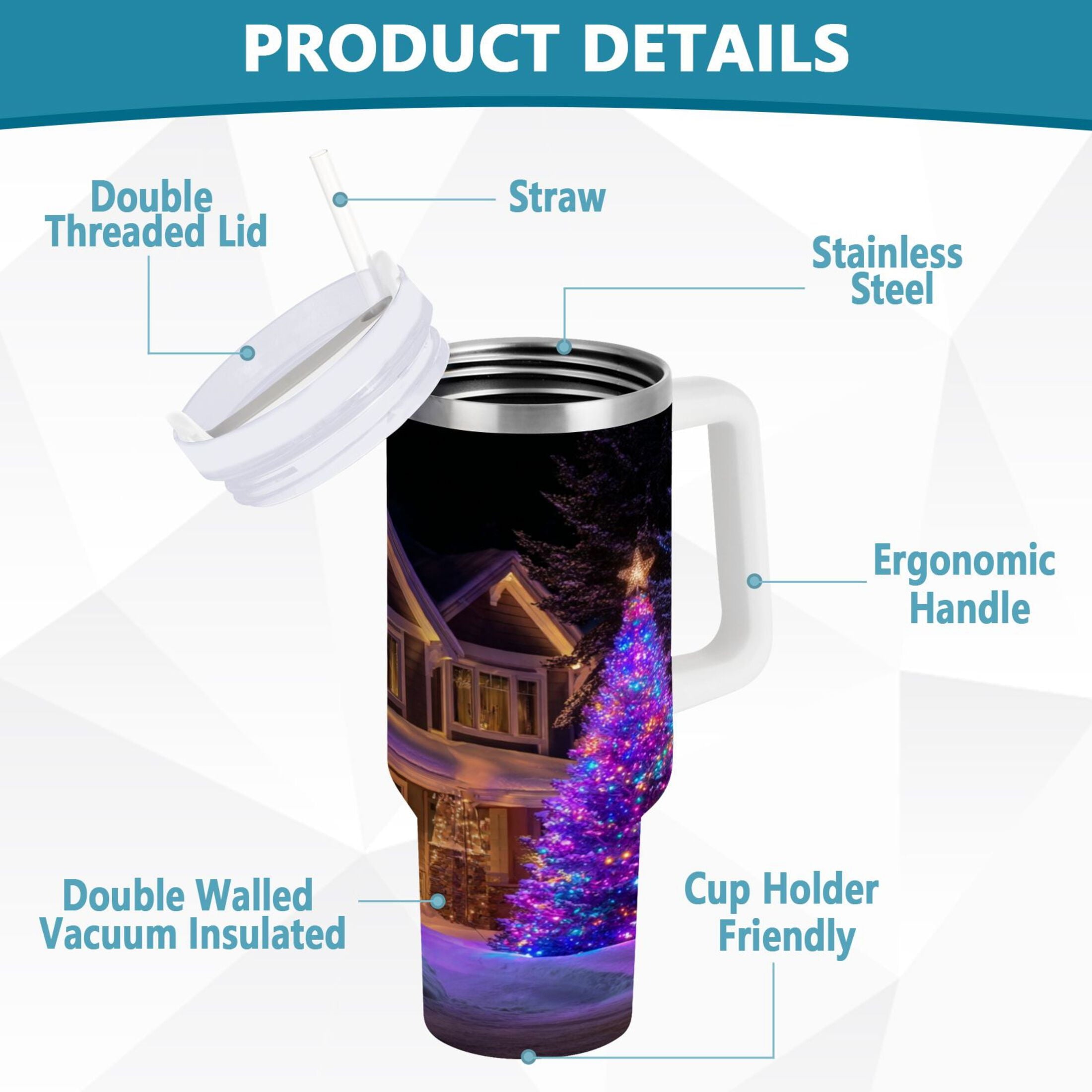 40 oz Insulated Stainless Steel Tumbler Double Wall Stainless Steel Tumbler with 2-Way Drinking Christmas Trees with Lights C664B
