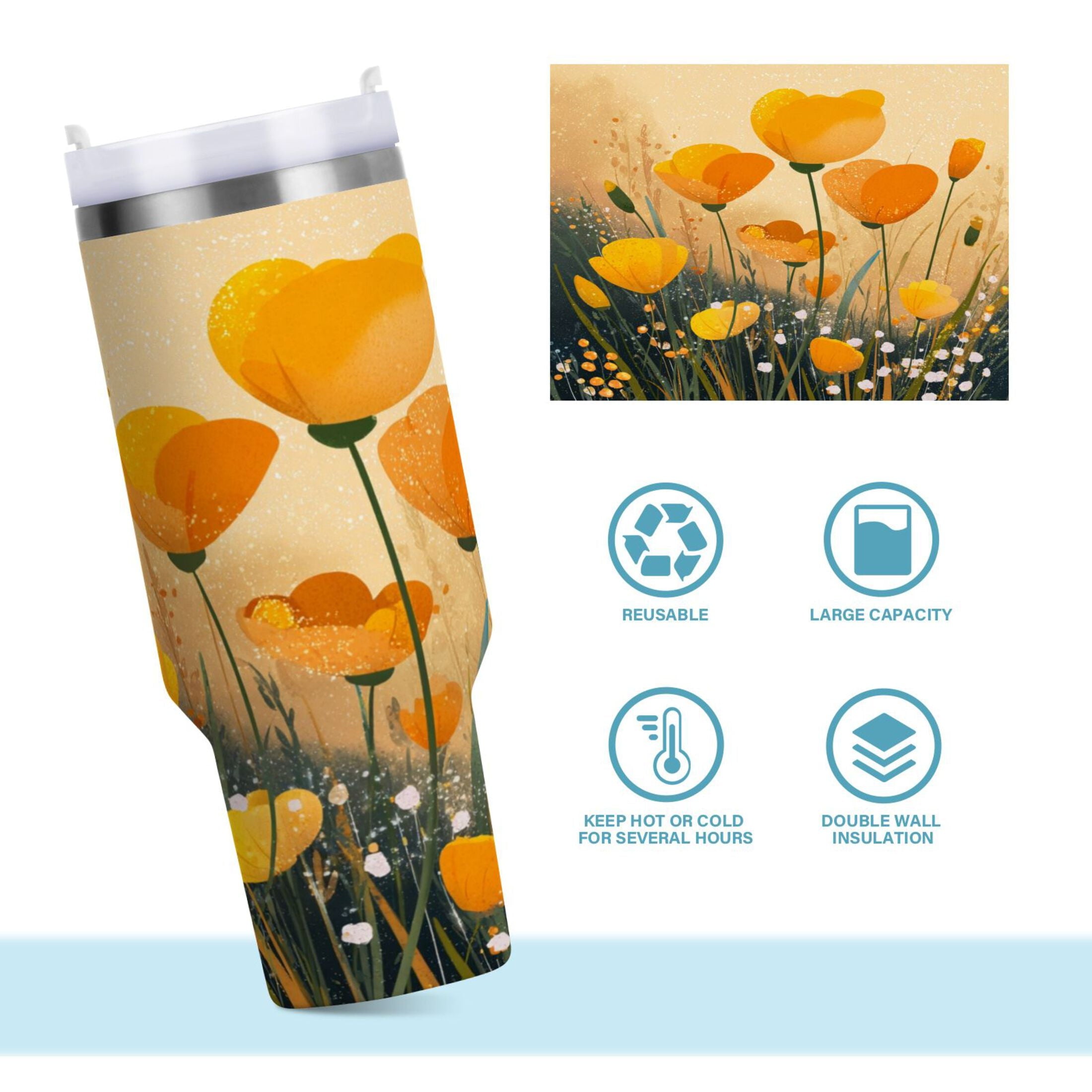30 oz Insulated Stainless Steel Tumbler Double Wall Stainless Steel Tumbler with 2-Way Drinking Yellow Flowers on The Grass C594A