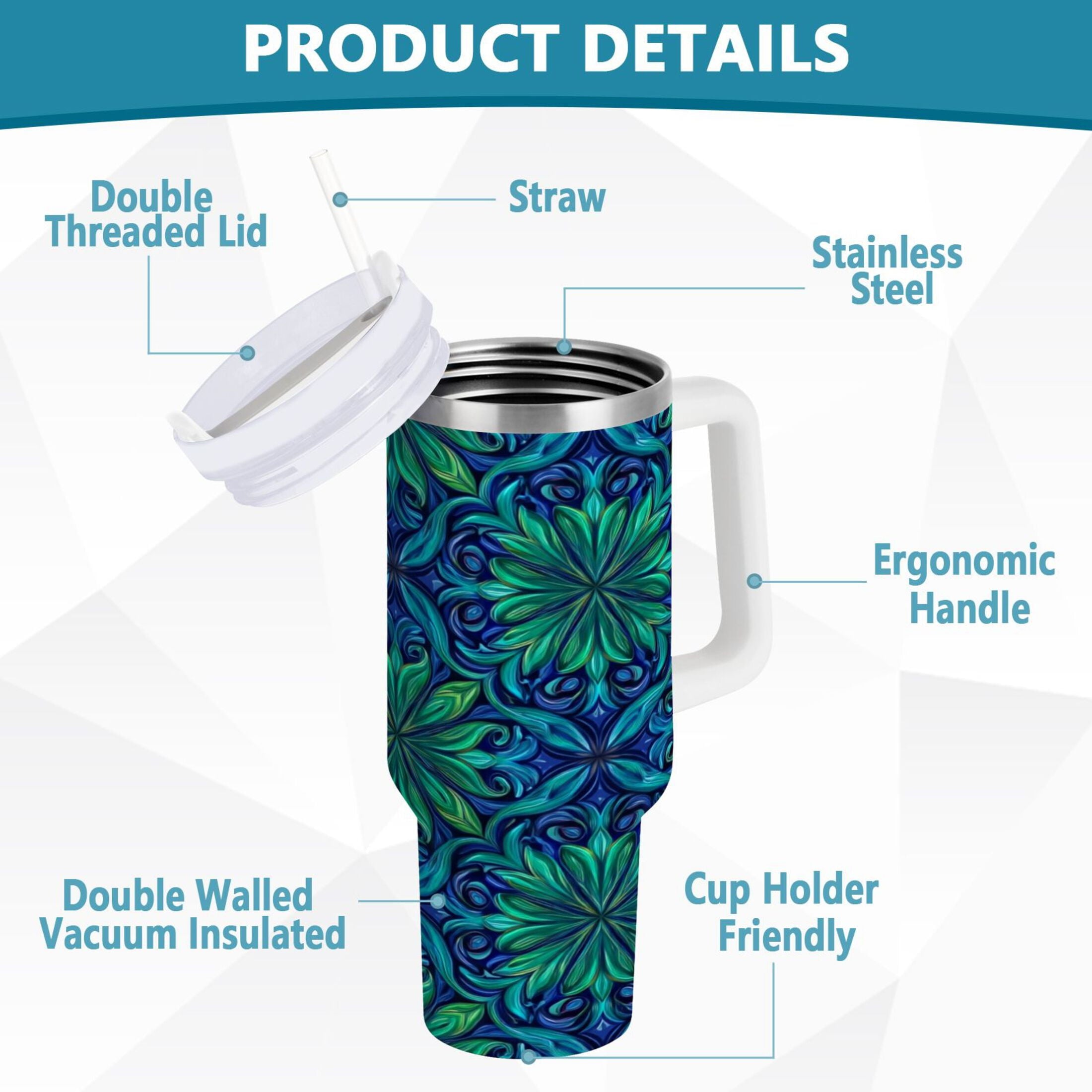 40 oz Insulated Stainless Steel Tumbler Double Wall Stainless Steel Tumbler with 2-Way Drinking Elegant Blue Traditional Patterns C603G