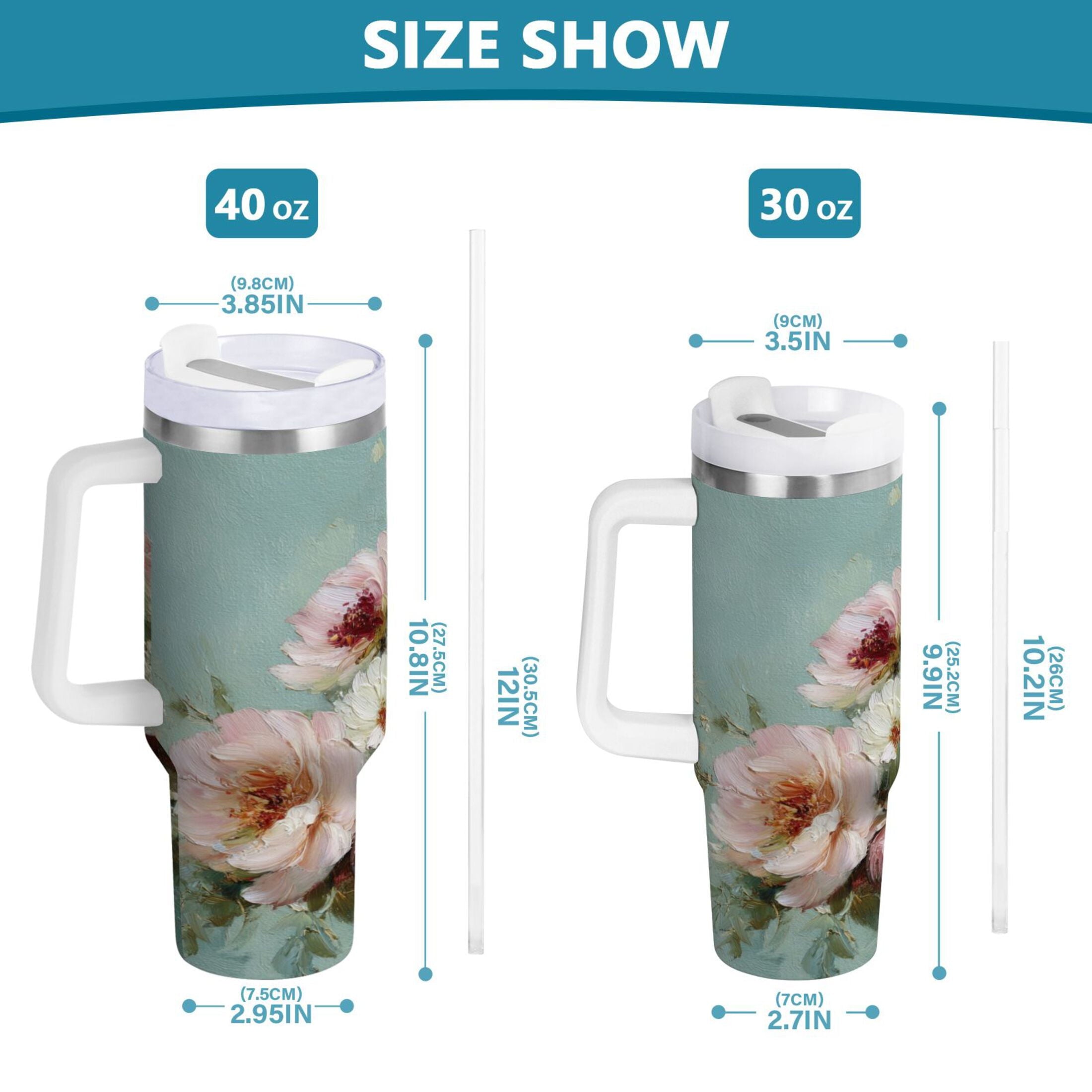 40 oz Insulated Stainless Steel Tumbler Double Wall Stainless Steel Tumbler with 2-Way Drinking Vintage Peonies and Daisies C677F