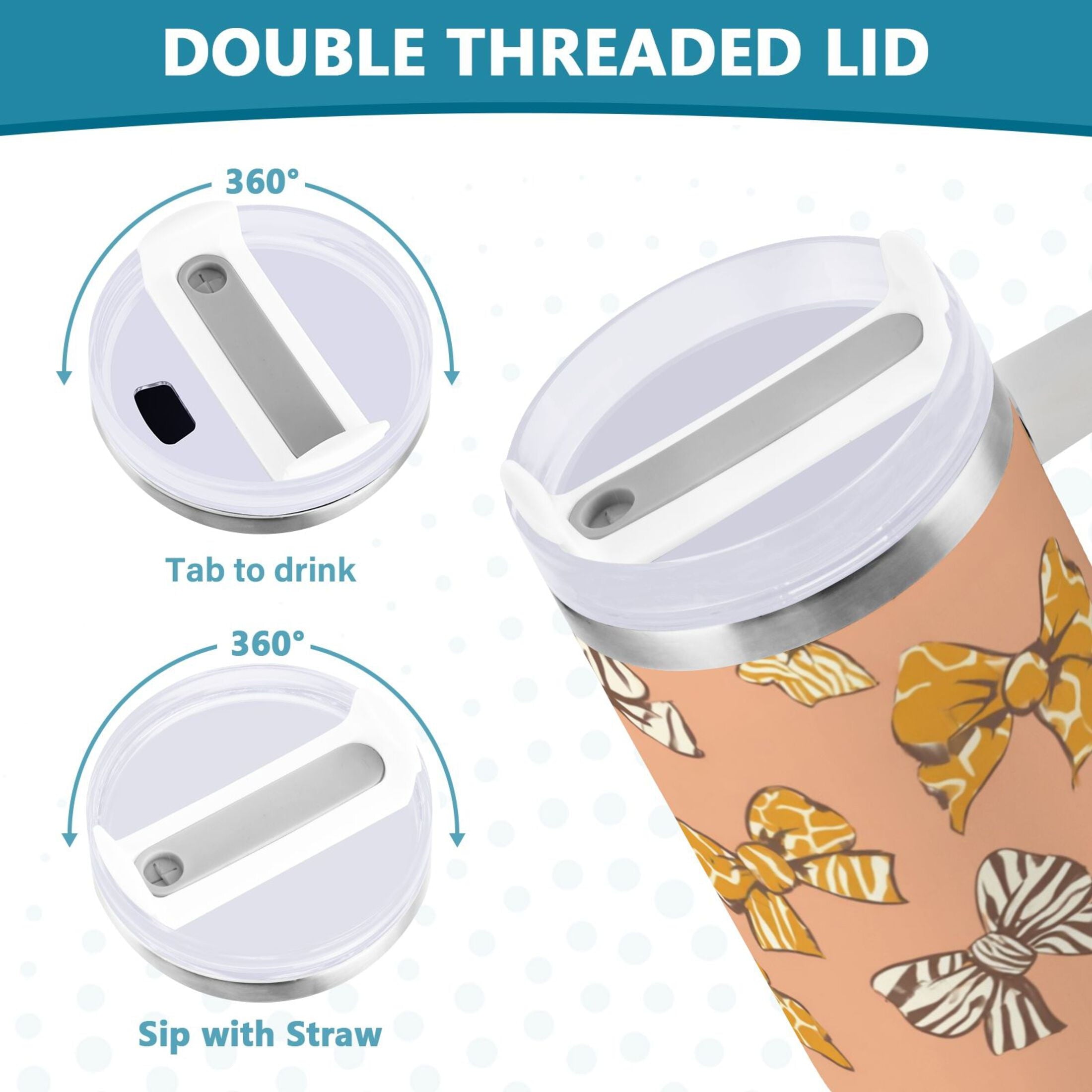 40 oz Insulated Stainless Steel Tumbler Double Wall Stainless Steel Tumbler with 2-Way Drinking Cute Animal Print Bows C678U