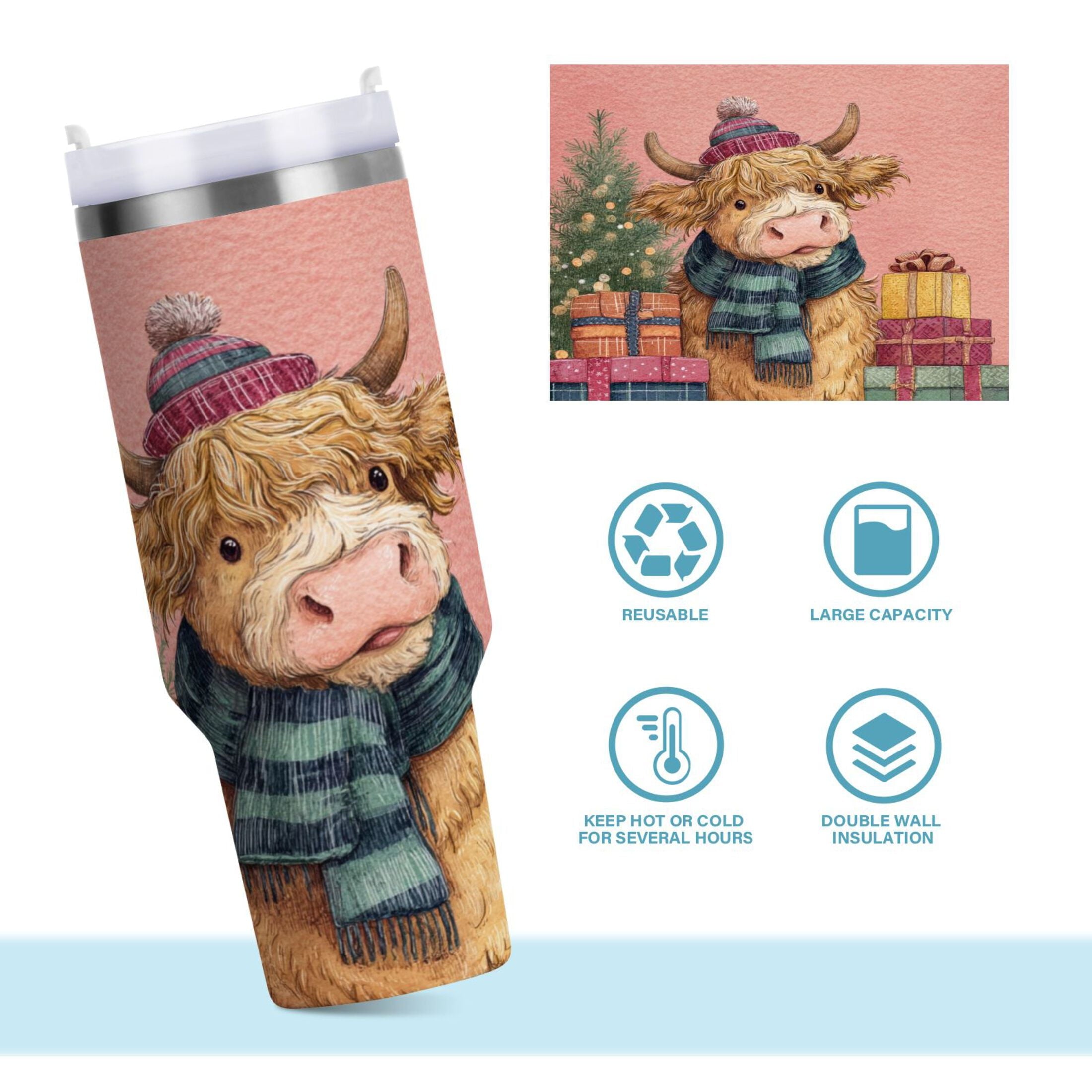 30 oz Insulated Stainless Steel Tumbler Double Wall Stainless Steel Tumbler with 2-Way Drinking Cow Wearing Scarf and Hat C663H