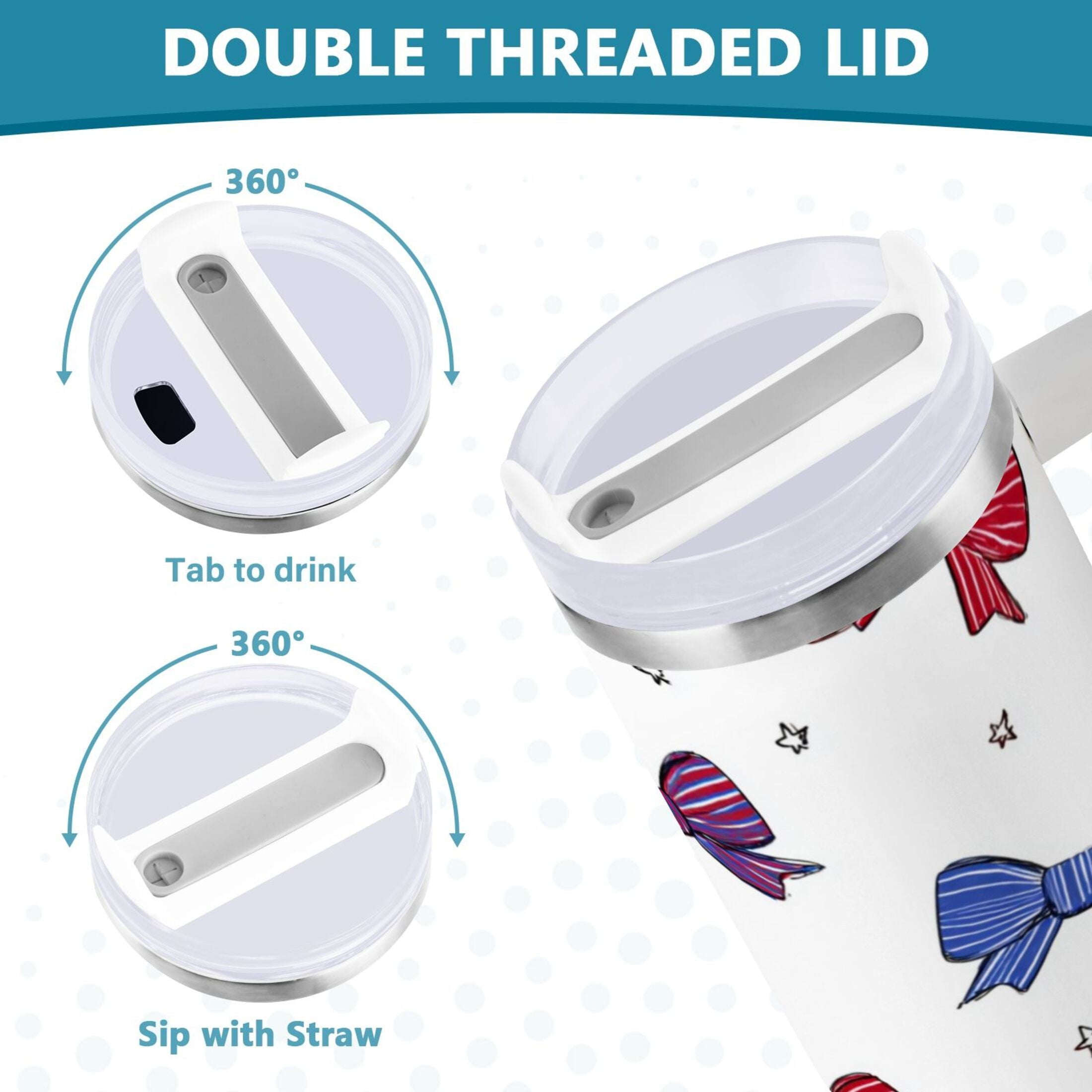 30 oz Insulated Stainless Steel Tumbler Double Wall Stainless Steel Tumbler with 2-Way Drinking Red and Blue Stripe Bows C656P