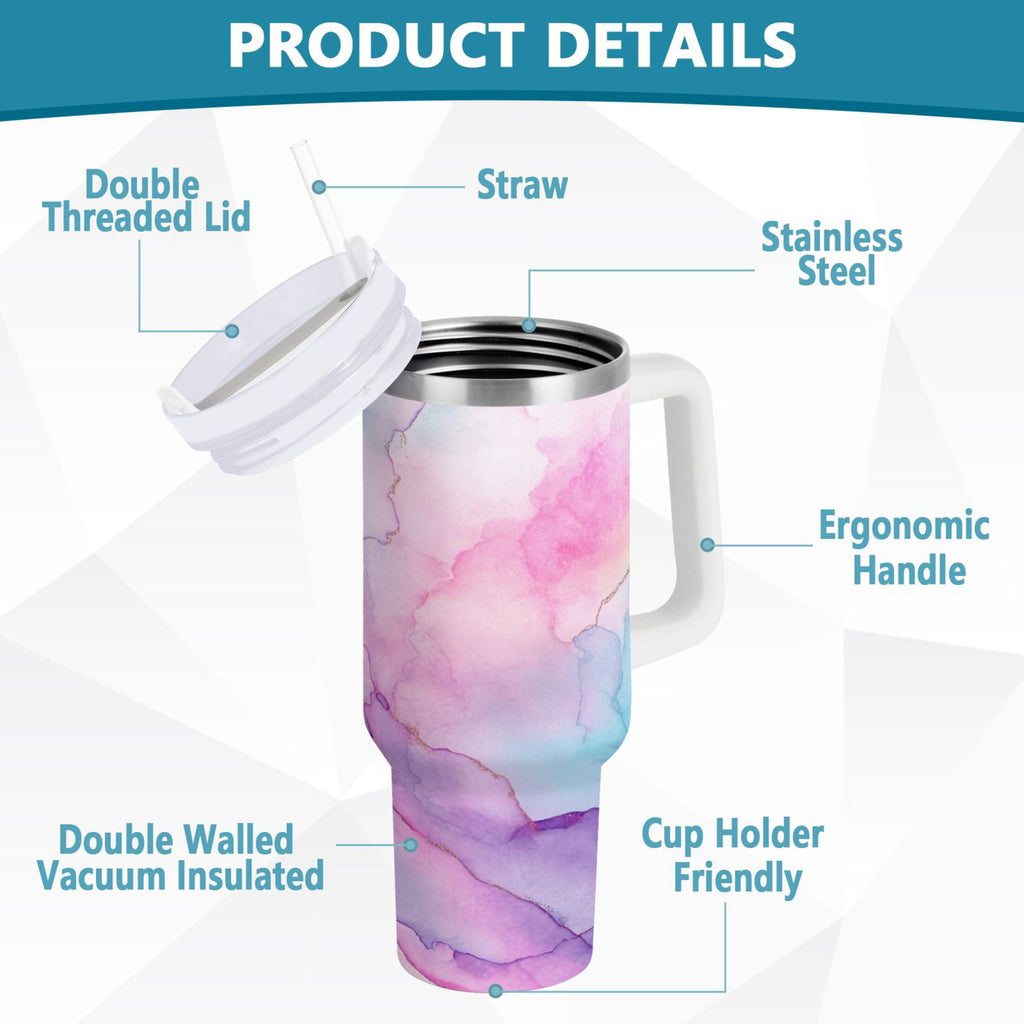 30 oz Insulated Stainless Steel Tumbler Double Wall Stainless Steel Tumbler with 2-Way Drinking Pastel Pink Marble Texture C614J