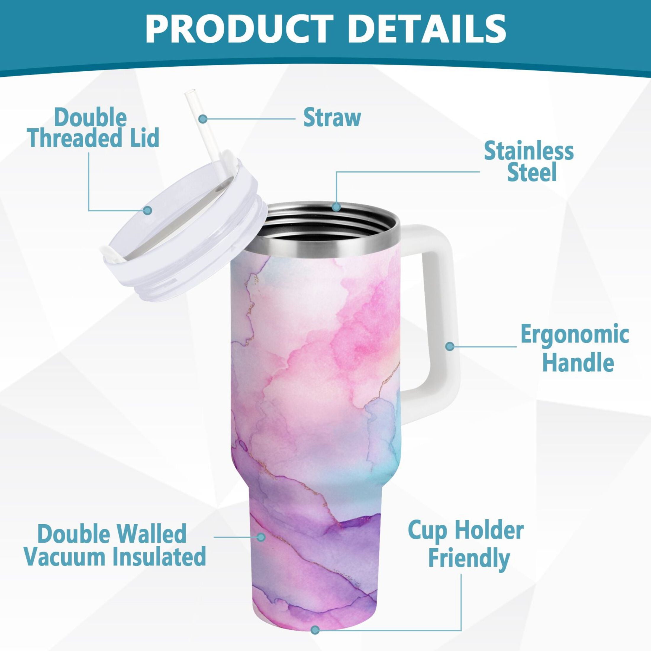 30 oz Insulated Stainless Steel Tumbler Double Wall Stainless Steel Tumbler with 2-Way Drinking Pastel Pink Marble Texture C614J