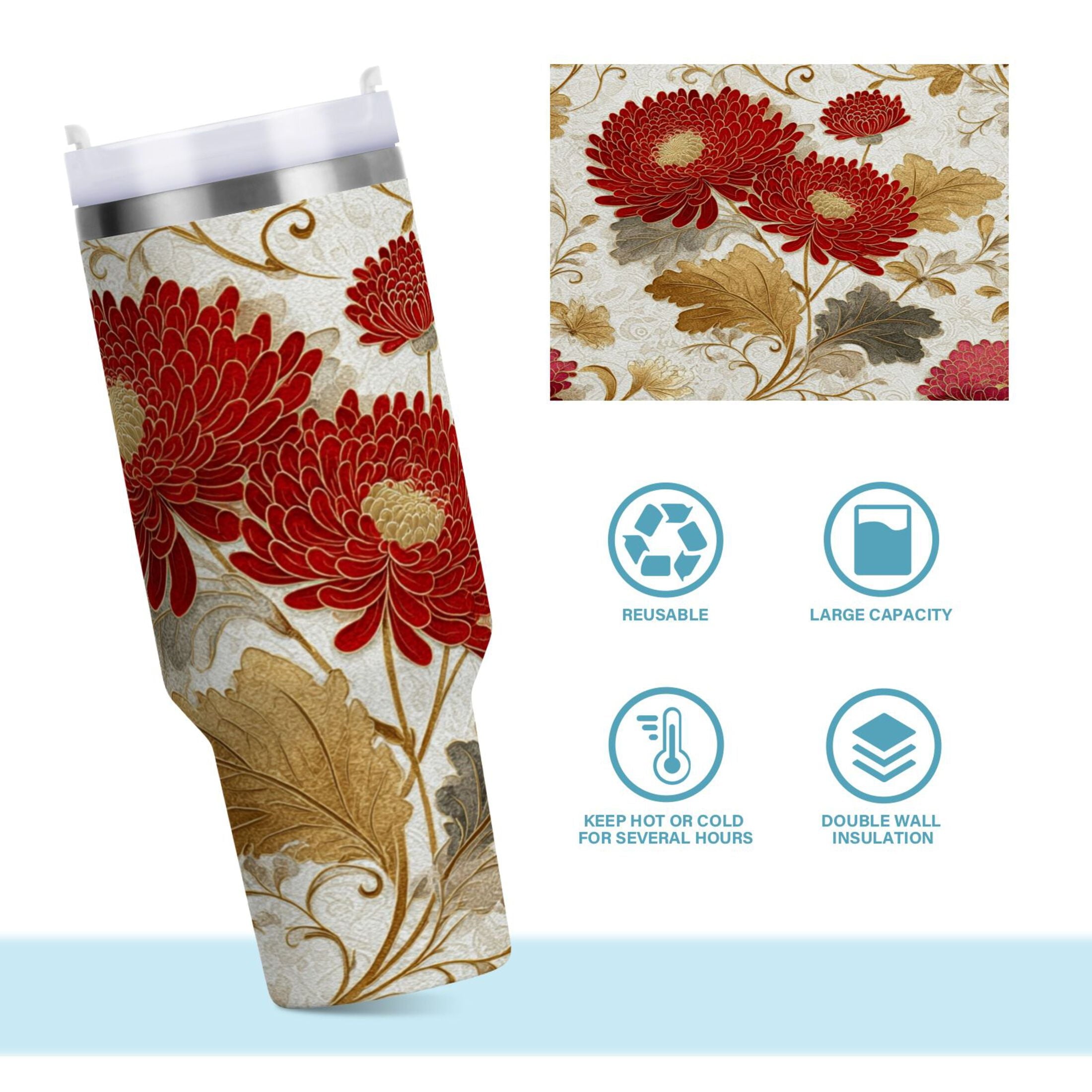 30 oz Insulated Stainless Steel Tumbler Double Wall Stainless Steel Tumbler with 2-Way Drinking Red Chrysanthemum Pattern C676E