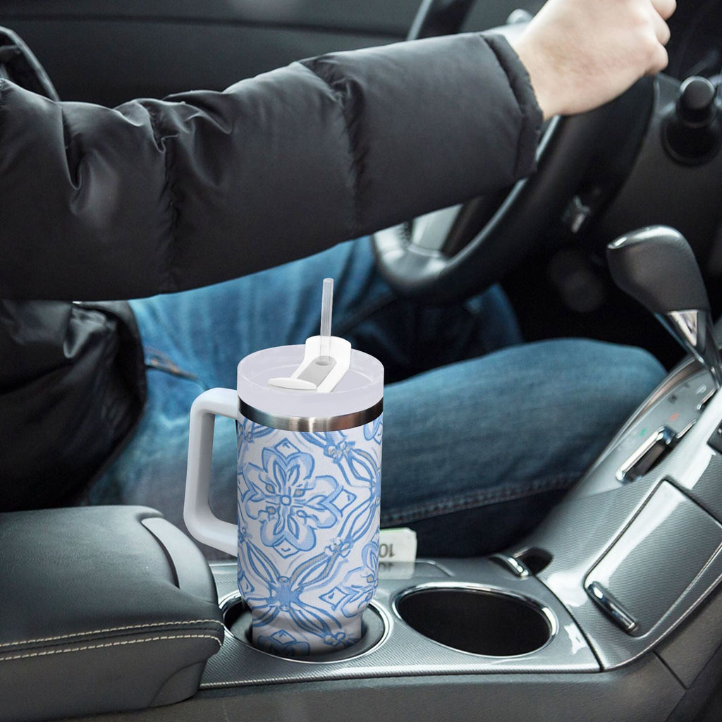 30 oz Insulated Stainless Steel Tumbler Double Wall Stainless Steel Tumbler with 2-Way Drinking Blue Elegant Geometric Design C623K