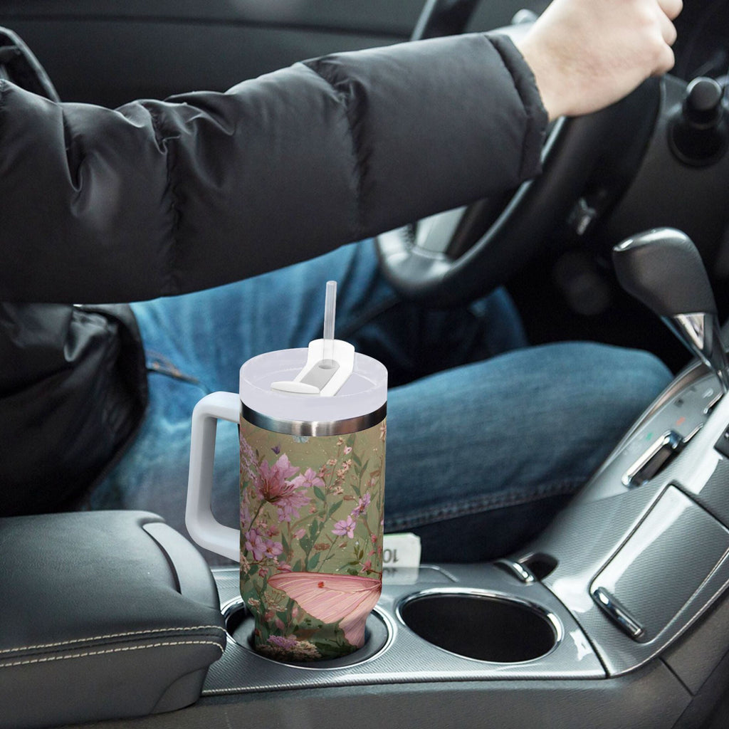30 oz Insulated Stainless Steel Tumbler Double Wall Stainless Steel Tumbler with 2-Way Drinking Delicate Butterfly C643T