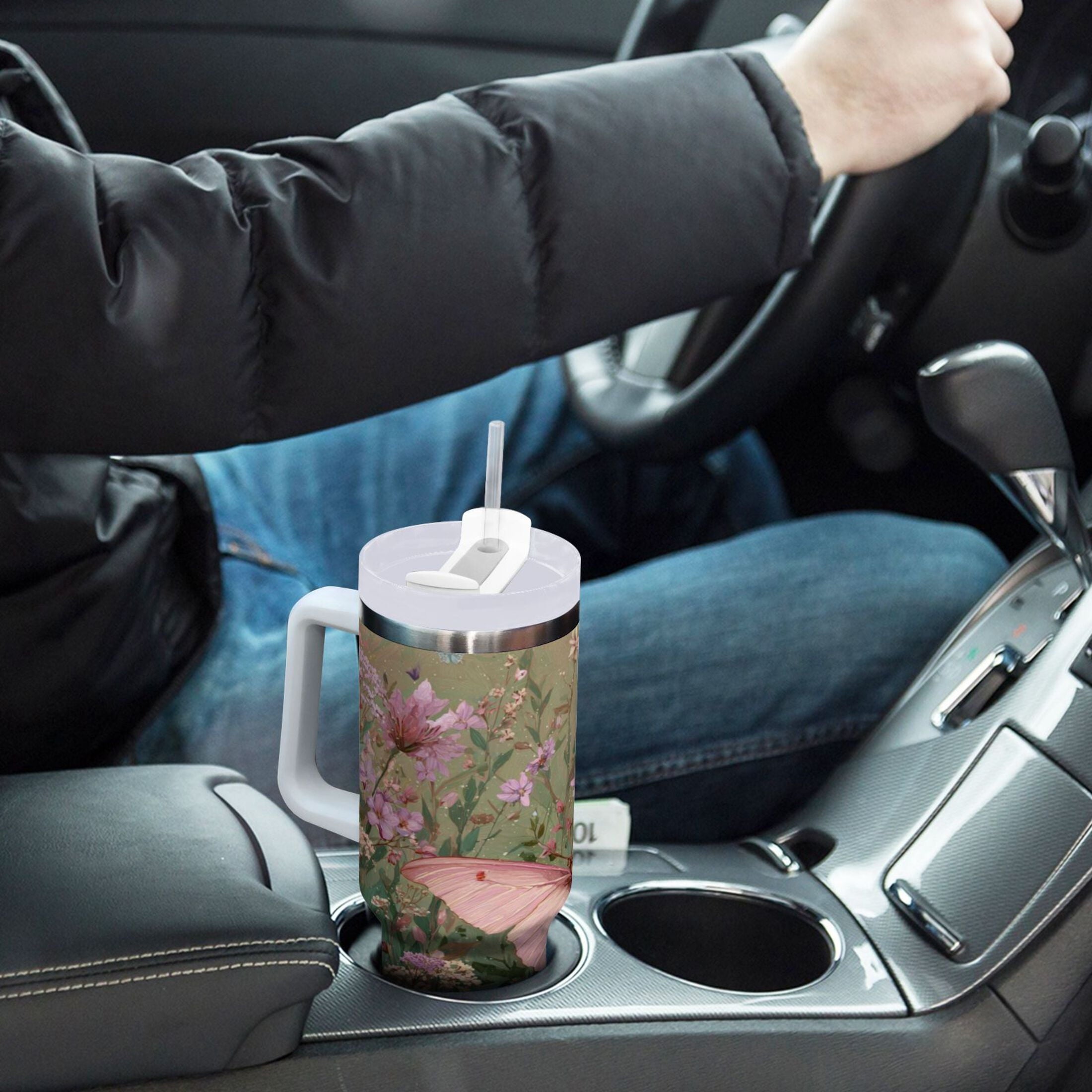 30 oz Insulated Stainless Steel Tumbler Double Wall Stainless Steel Tumbler with 2-Way Drinking Delicate Butterfly C643T