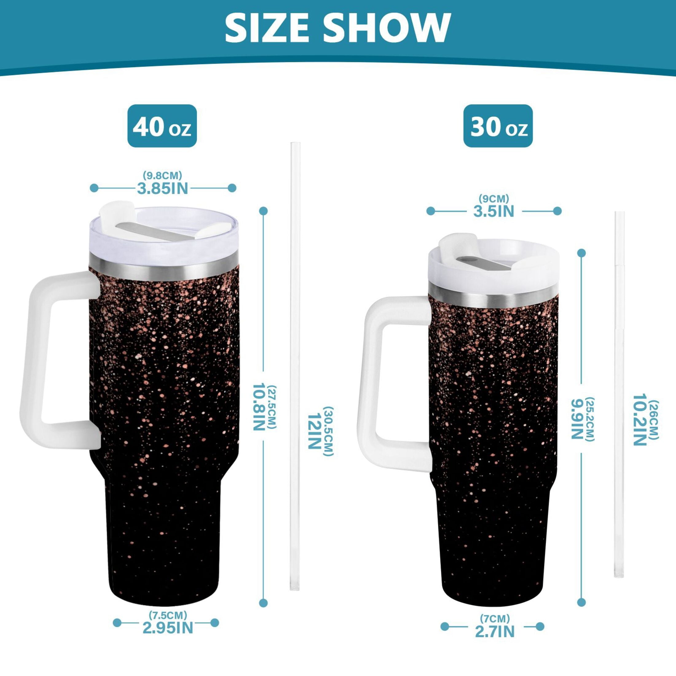 40 oz Insulated Stainless Steel Tumbler Double Wall Stainless Steel Tumbler with 2-Way Drinking Rose Gold Glitter C589P