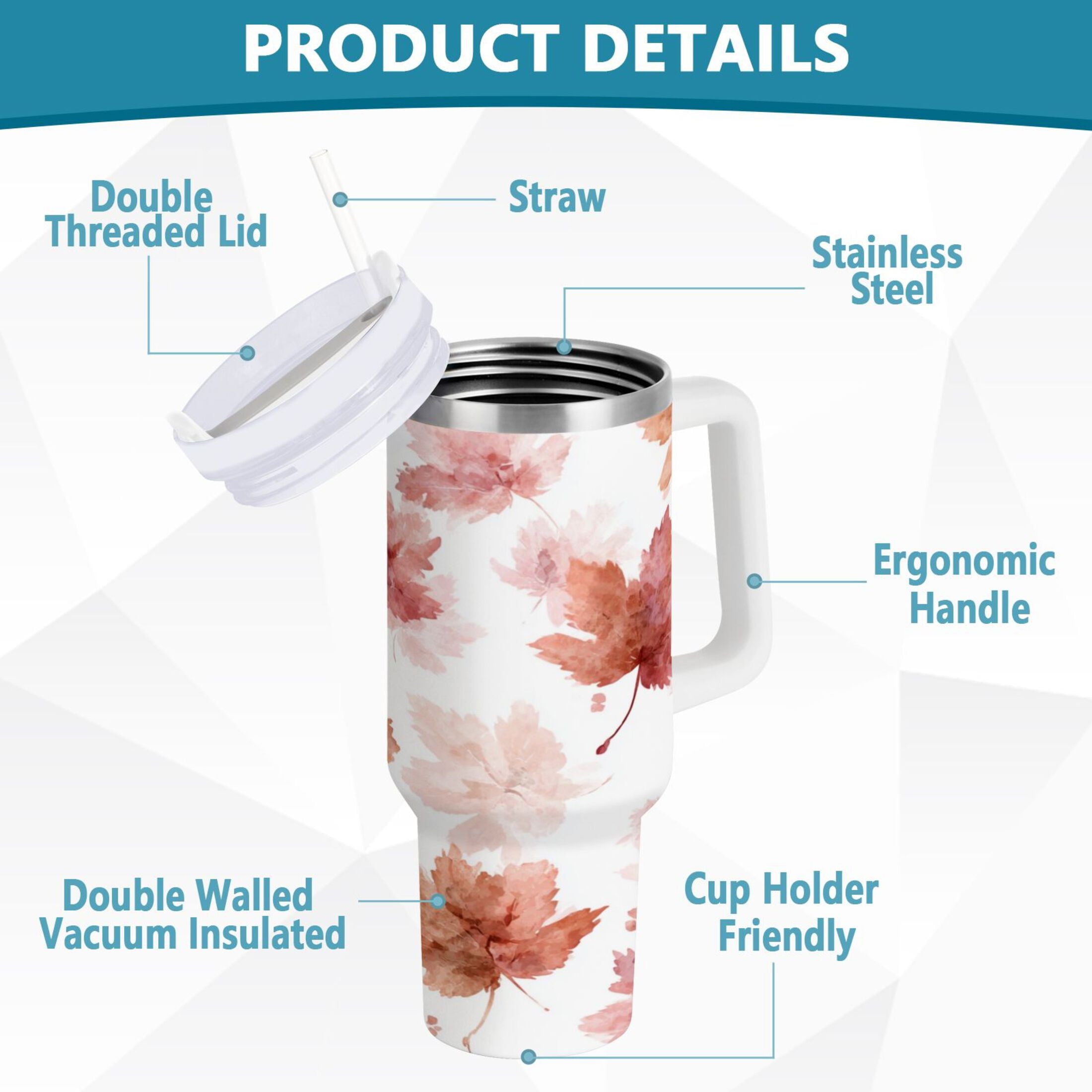 30 oz Insulated Stainless Steel Tumbler Double Wall Stainless Steel Tumbler with 2-Way Drinking Watercolor Pink Maple Leaves C624J