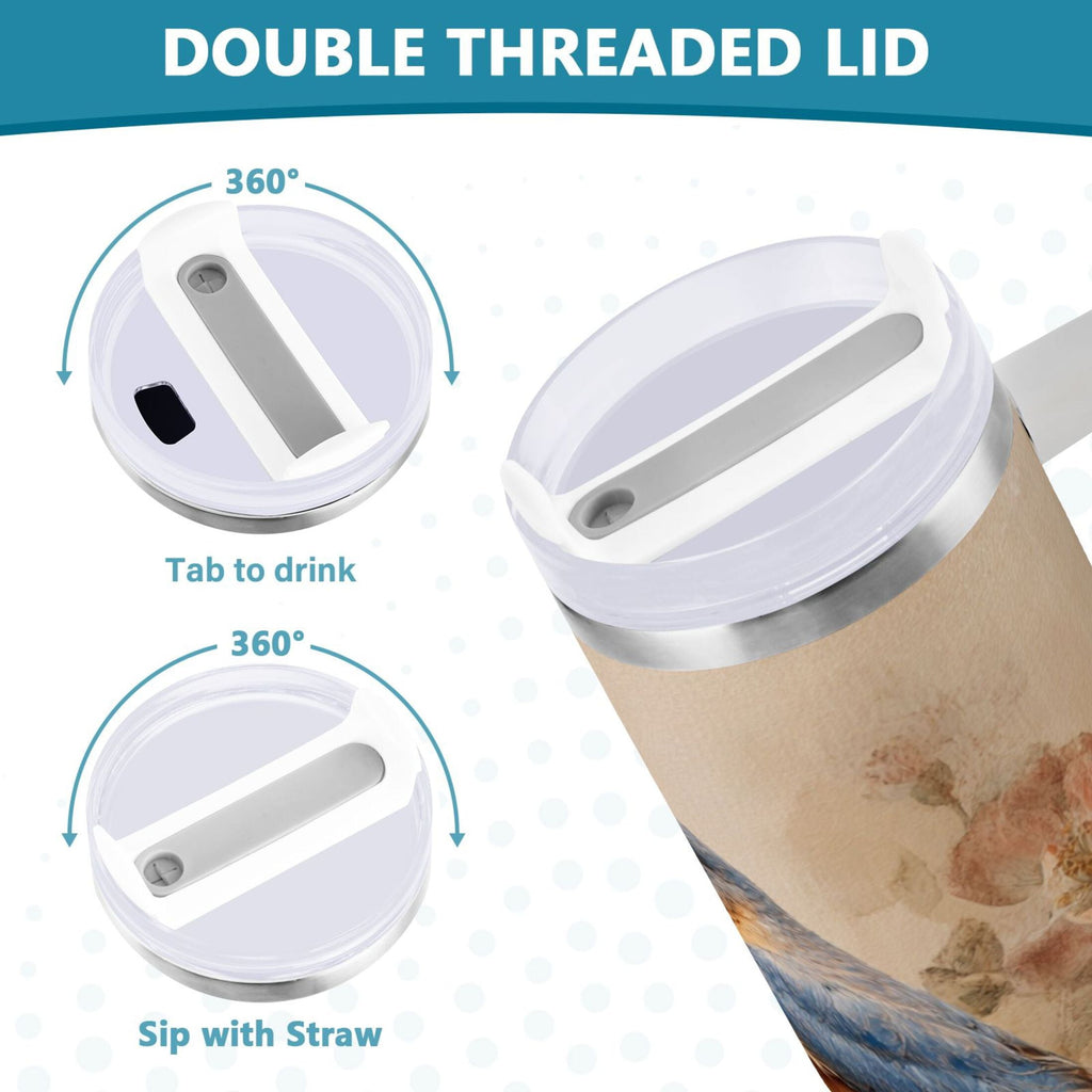 40 oz Insulated Stainless Steel Tumbler Double Wall Stainless Steel Tumbler with 2-Way Drinking Bluebird and Ancient Flowers C574Q