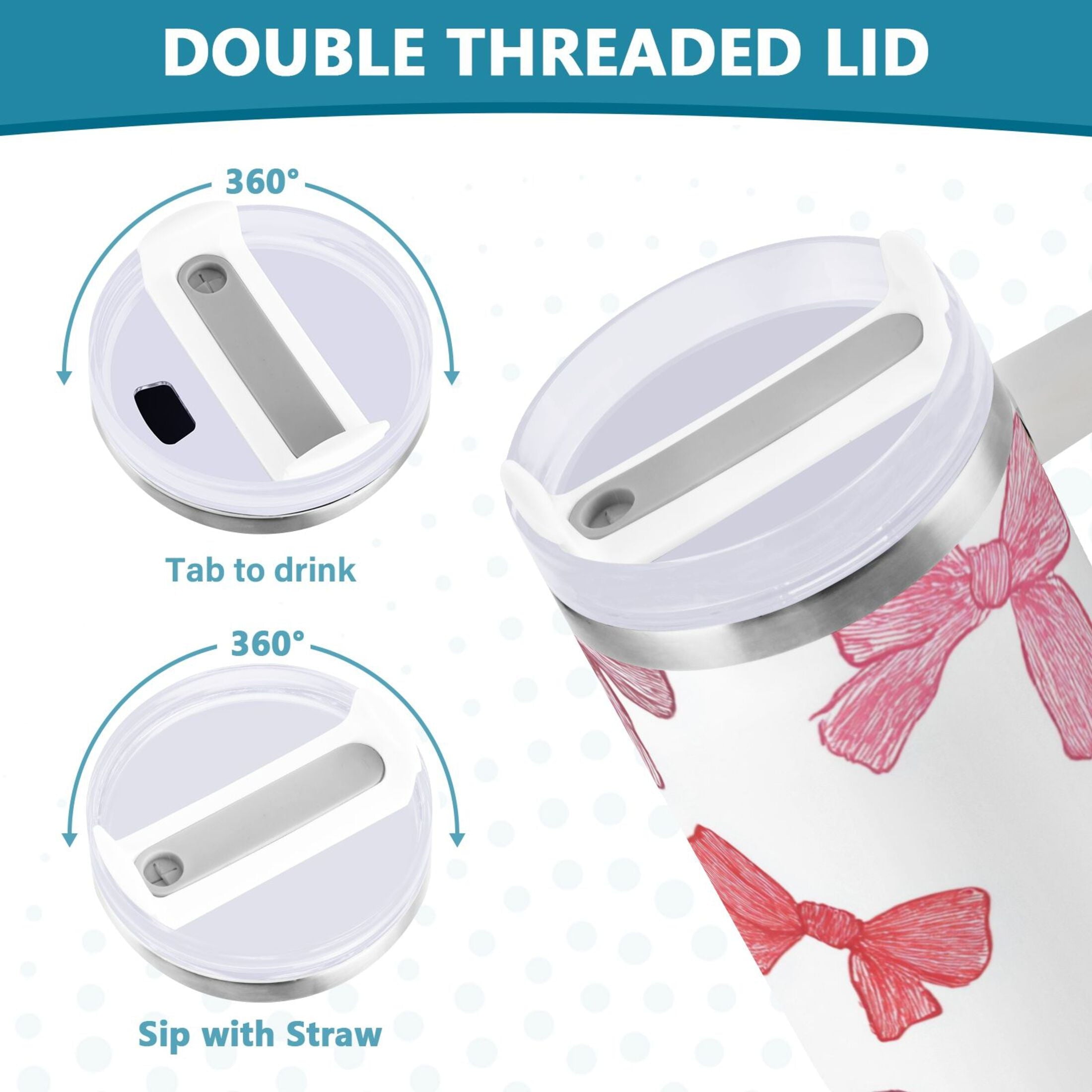 40 oz Insulated Stainless Steel Tumbler Double Wall Stainless Steel Tumbler with 2-Way Drinking Pink Bows Pattern C570V