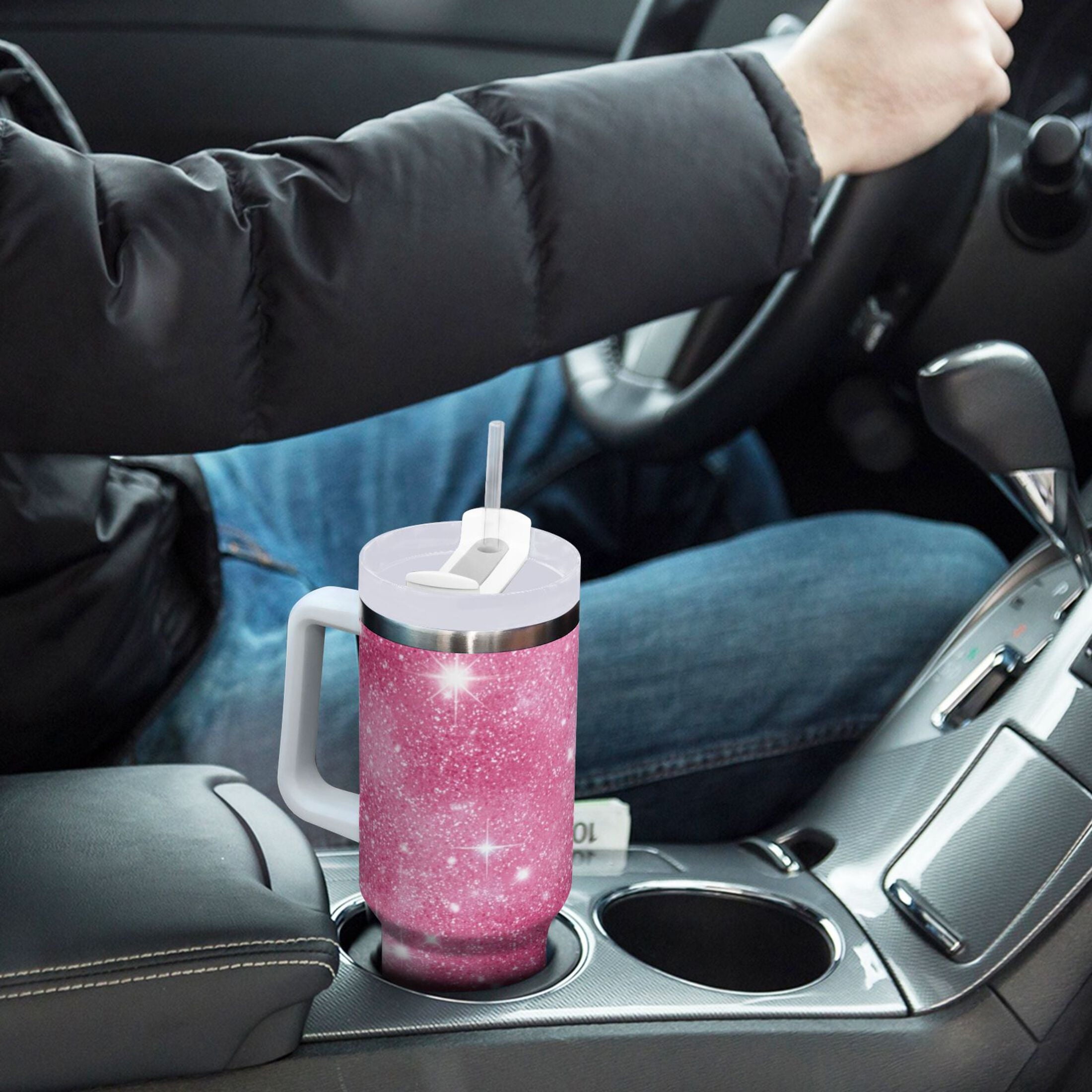 40 oz Insulated Stainless Steel Tumbler Double Wall Stainless Steel Tumbler with 2-Way Drinking Pink Glitter Background C608A