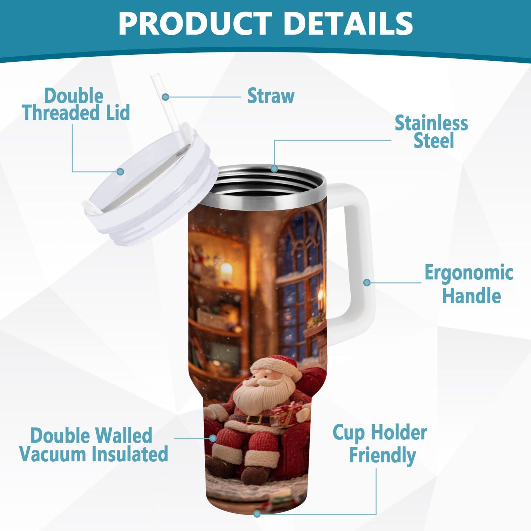 40 oz Insulated Stainless Steel Tumbler Double Wall Stainless Steel Tumbler with 2-Way Drinking Sitting Santa Claus C635M