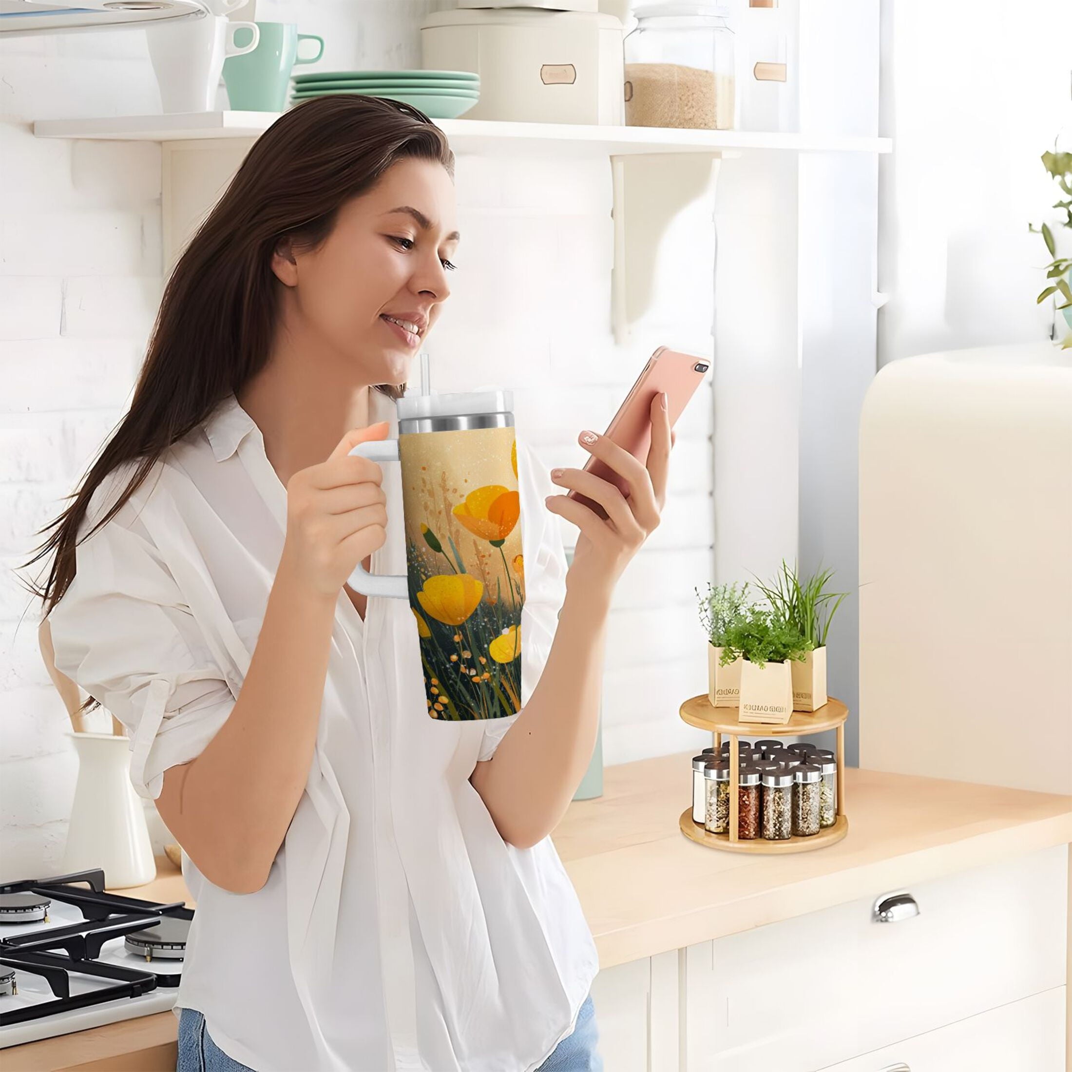30 oz Insulated Stainless Steel Tumbler Double Wall Stainless Steel Tumbler with 2-Way Drinking Yellow Flowers on The Grass C594A