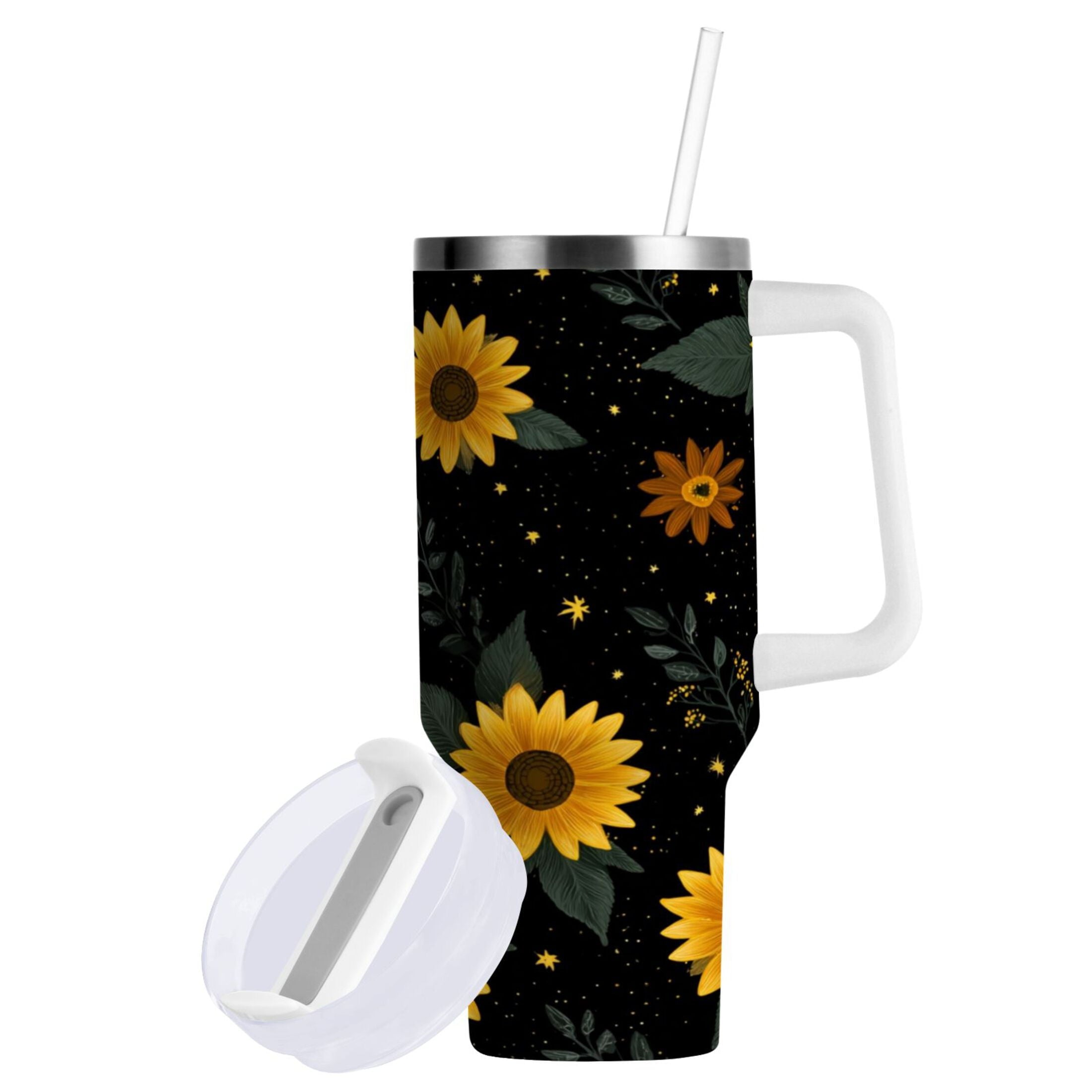30 oz Insulated Stainless Steel Tumbler Double Wall Stainless Steel Tumbler with 2-Way Drinking Yellow Sunflower Pattern C532S