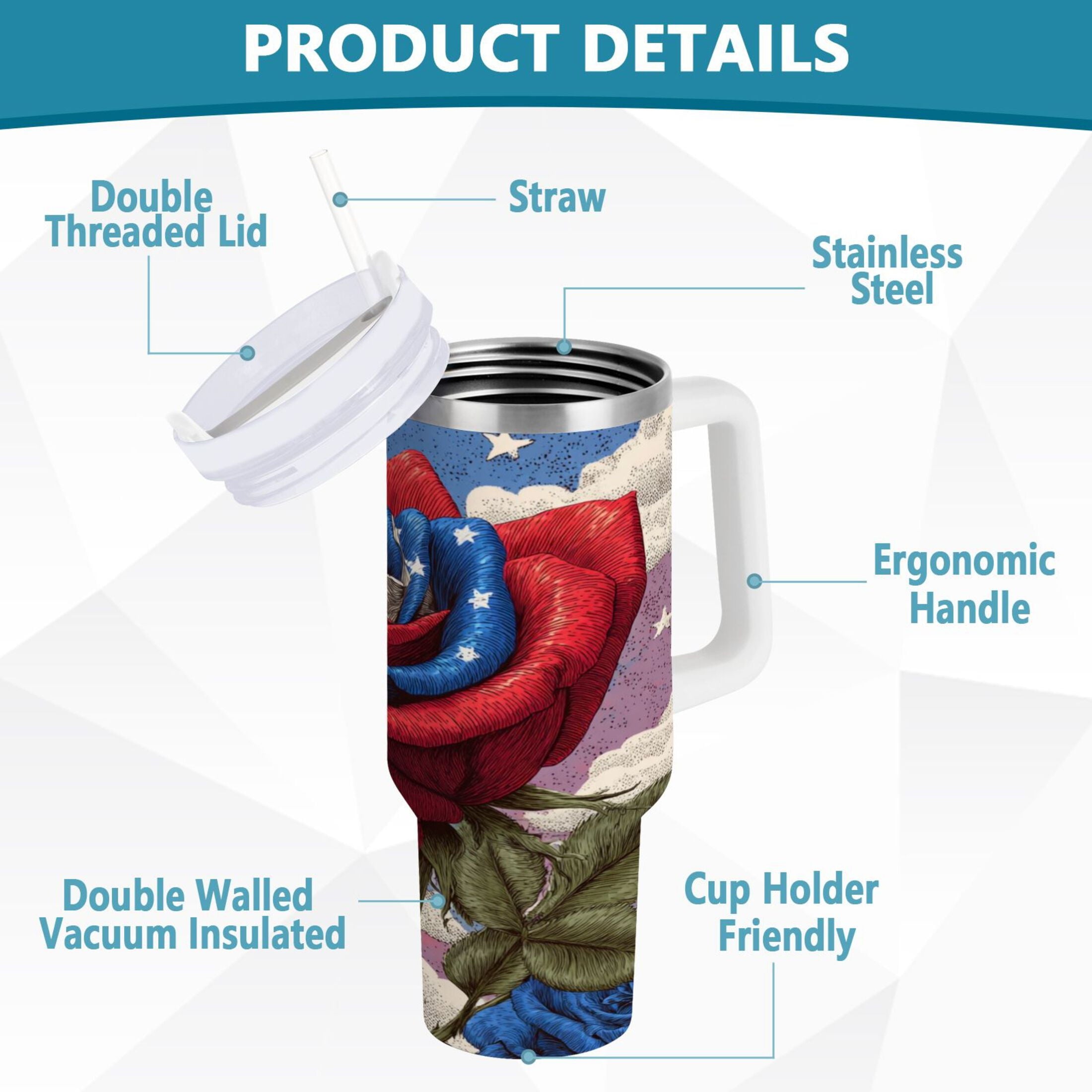 40 oz Insulated Stainless Steel Tumbler Double Wall Stainless Steel Tumbler with 2-Way Drinking Roses and Clouds C523J