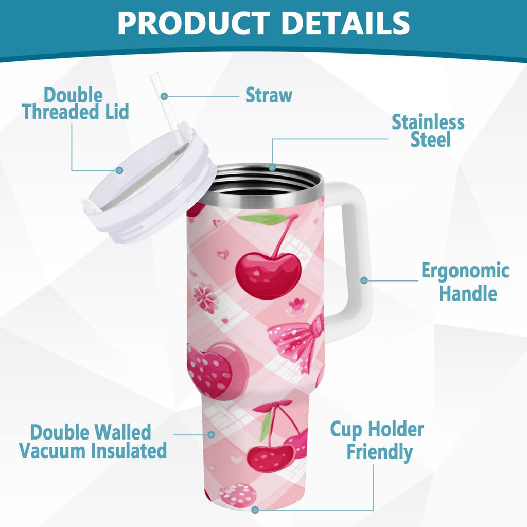 30 oz Insulated Stainless Steel Tumbler Double Wall Stainless Steel Tumbler with 2-Way Drinking Cherry and Pink Bow Pattern C617Z