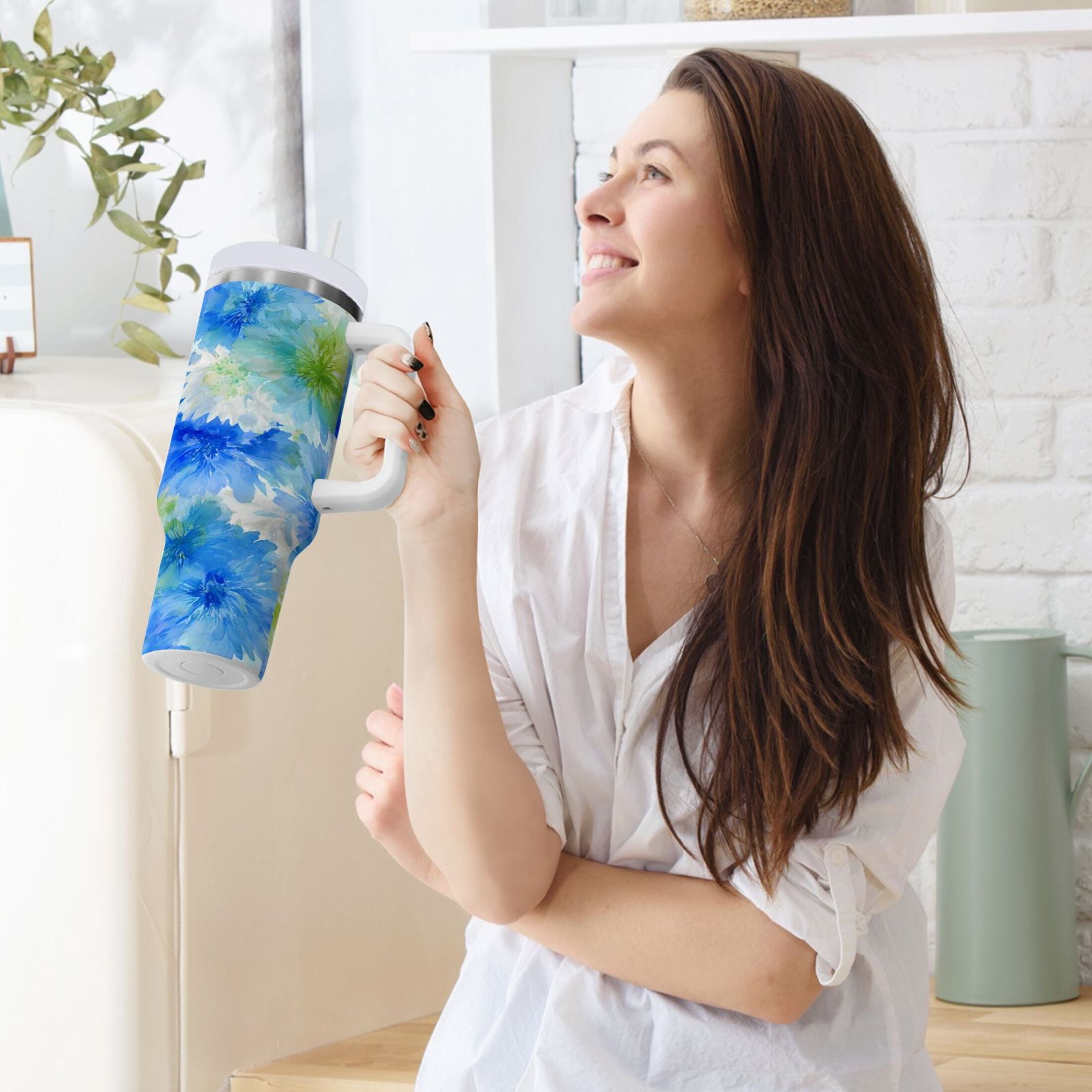 40 oz Insulated Stainless Steel Tumbler Double Wall Stainless Steel Tumbler with 2-Way Drinking Watercolor Blue Cornflowers C567Z