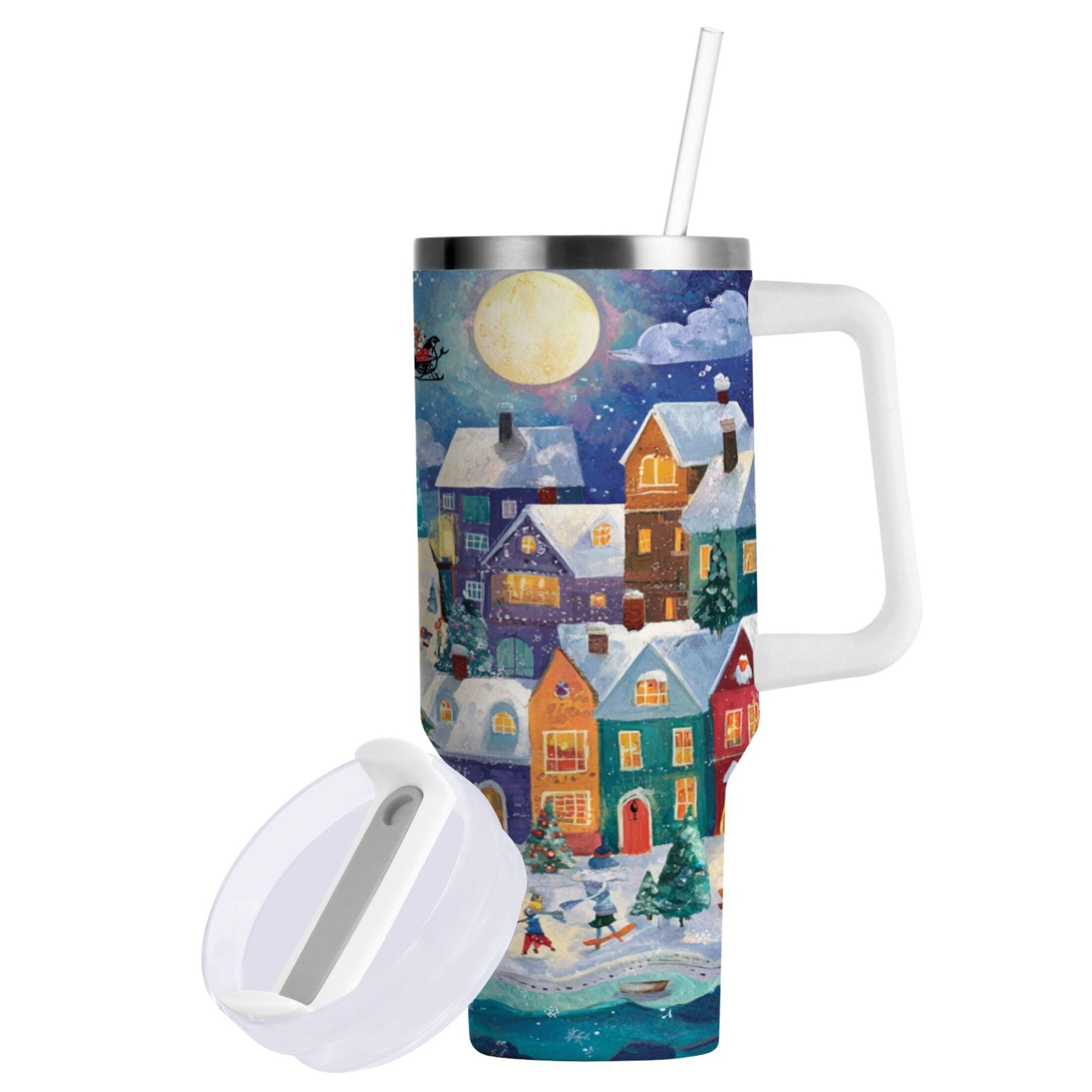 30 oz Insulated Stainless Steel Tumbler Double Wall Stainless Steel Tumbler with 2-Way Drinking Charming Christmas Scene C546M