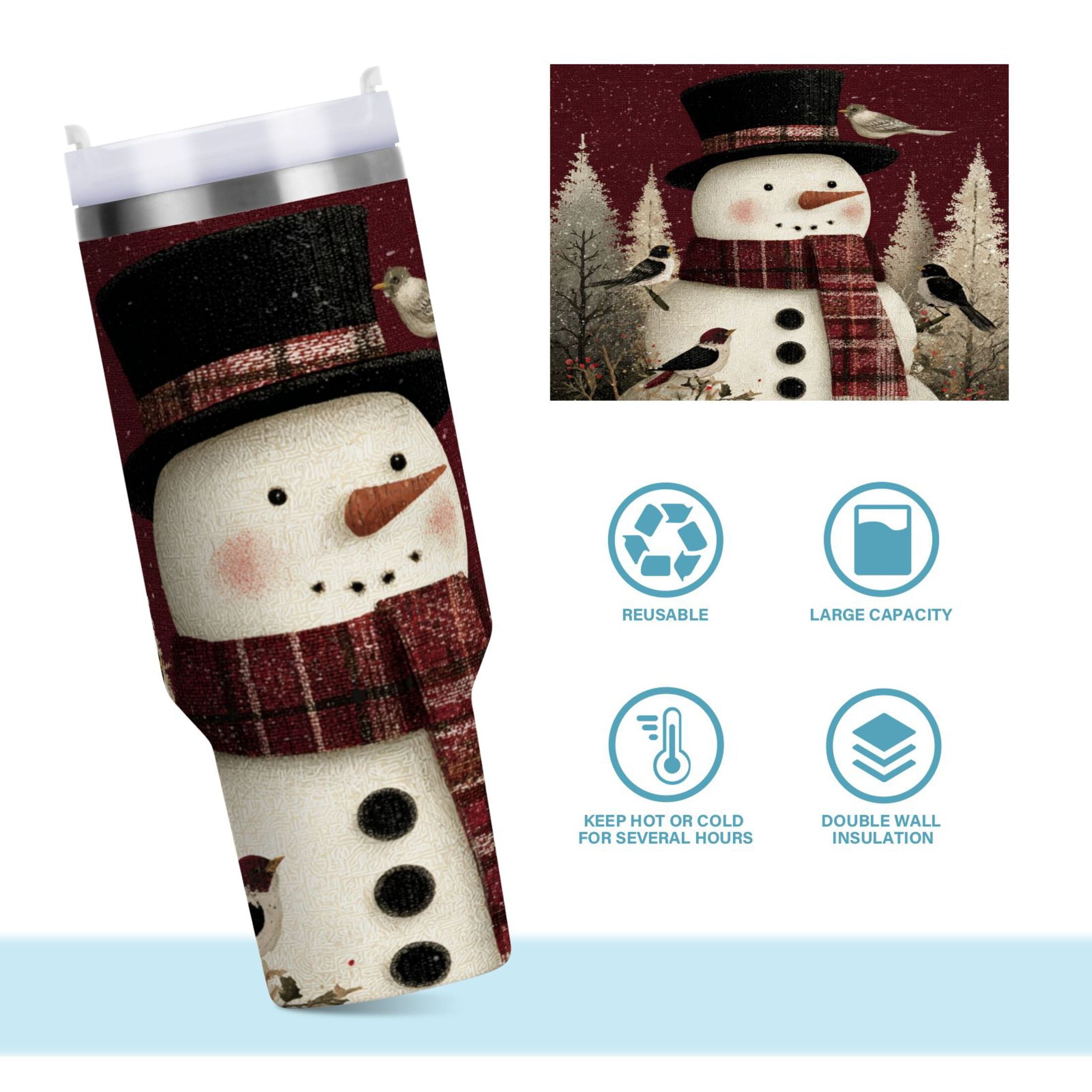 30 oz Insulated Stainless Steel Tumbler Double Wall Stainless Steel Tumbler with 2-Way Drinking Snowman and Birds C637Y