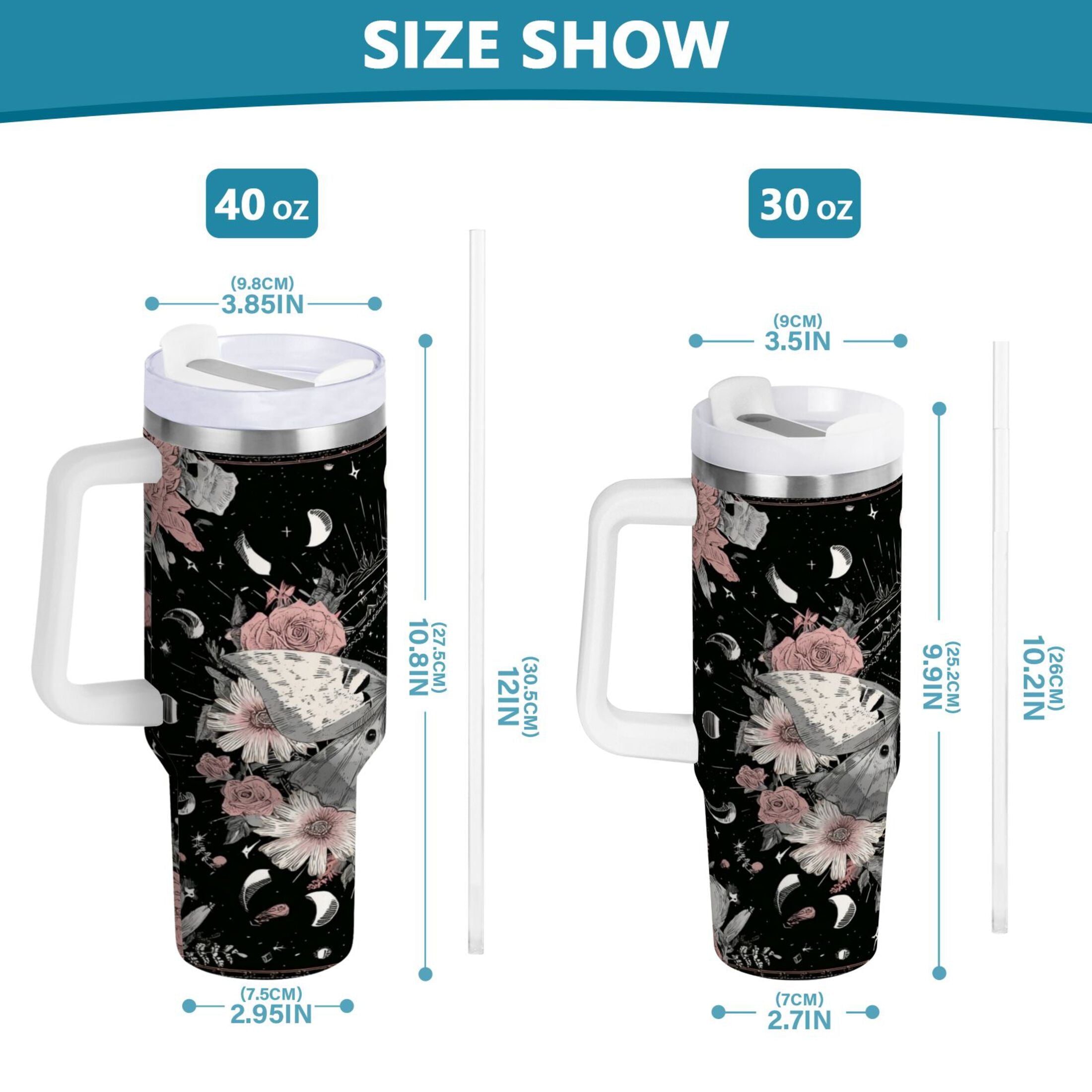 40 oz Insulated Stainless Steel Tumbler Double Wall Stainless Steel Tumbler with 2-Way Drinking Butterfly Surrounded by Flowers C640G
