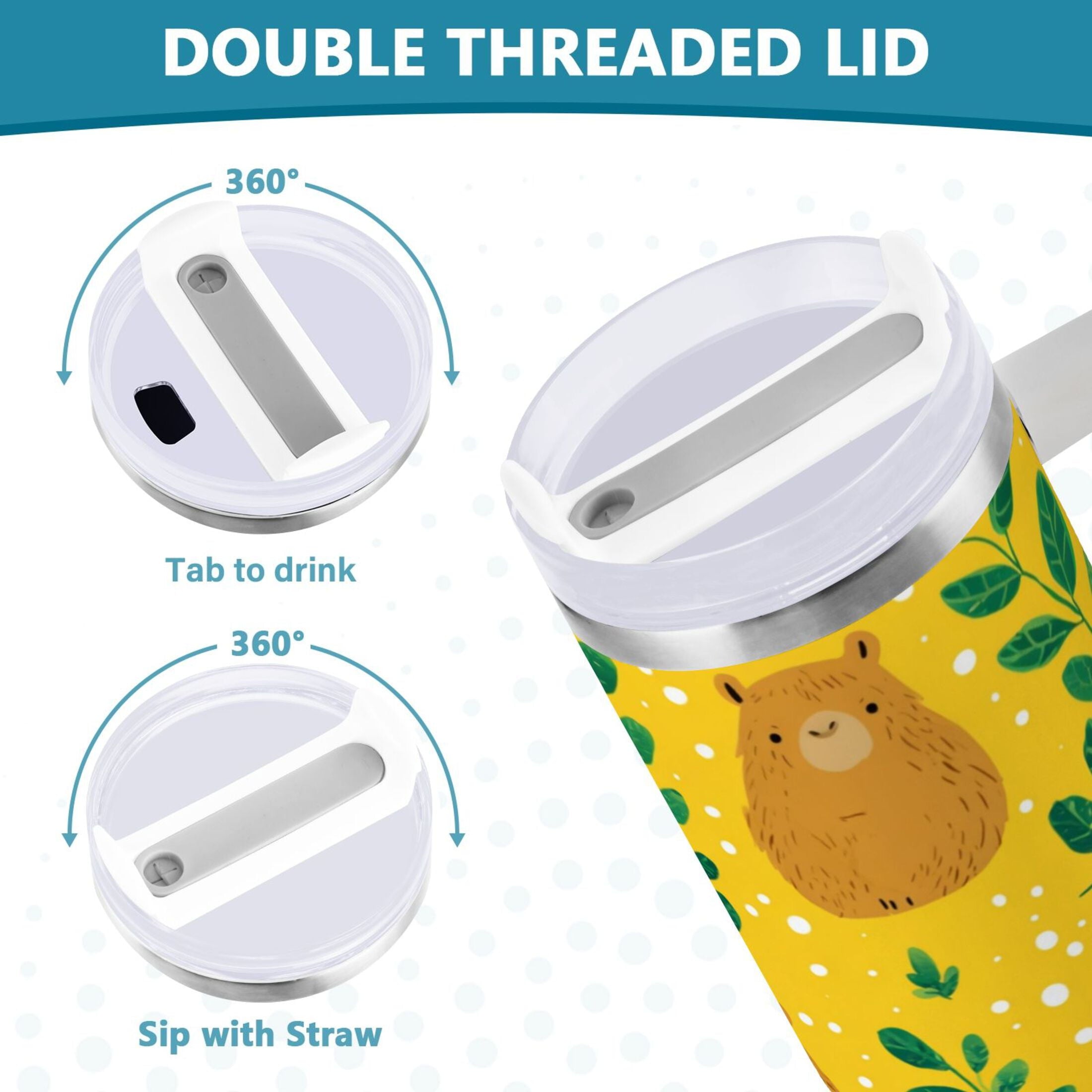30 oz Insulated Stainless Steel Tumbler Double Wall Stainless Steel Tumbler with 2-Way Drinking Capybara and Green Leaves C658A