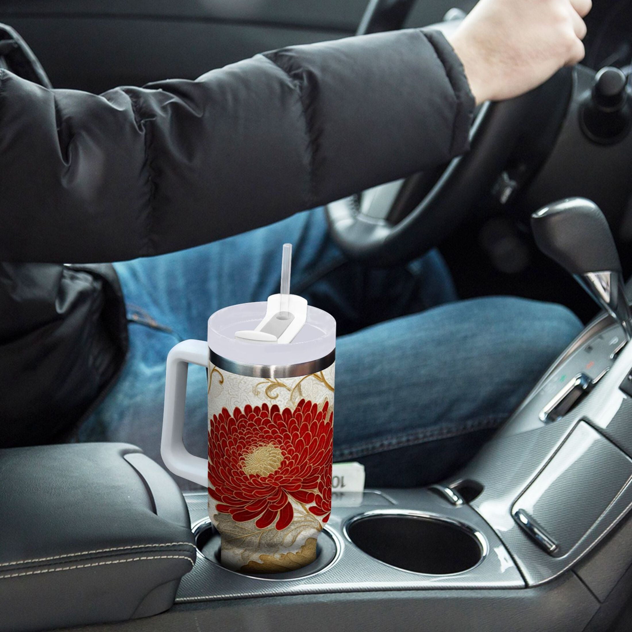 30 oz Insulated Stainless Steel Tumbler Double Wall Stainless Steel Tumbler with 2-Way Drinking Red Chrysanthemum Pattern C676E