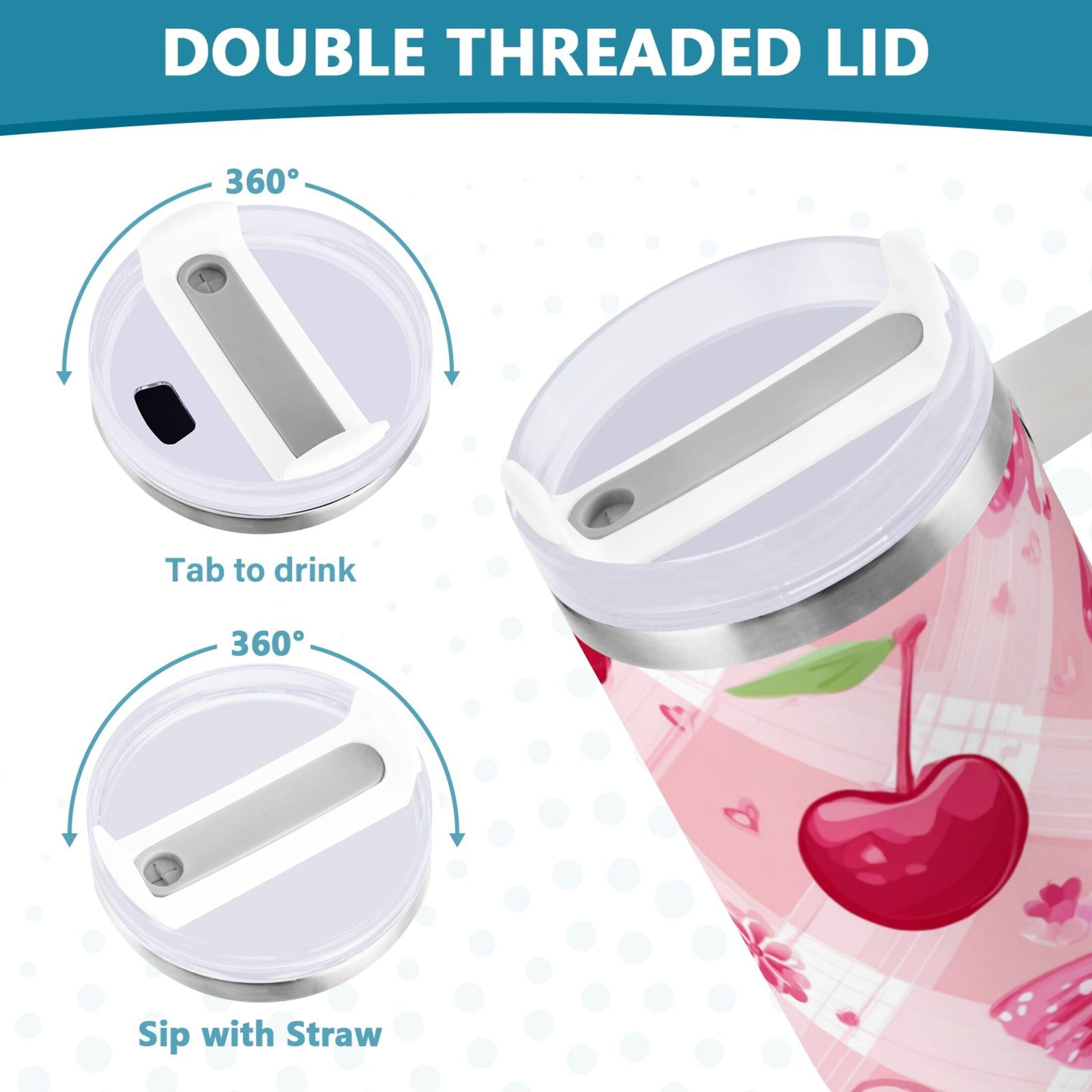 30 oz Insulated Stainless Steel Tumbler Double Wall Stainless Steel Tumbler with 2-Way Drinking Cherry and Pink Bow Pattern C617Z