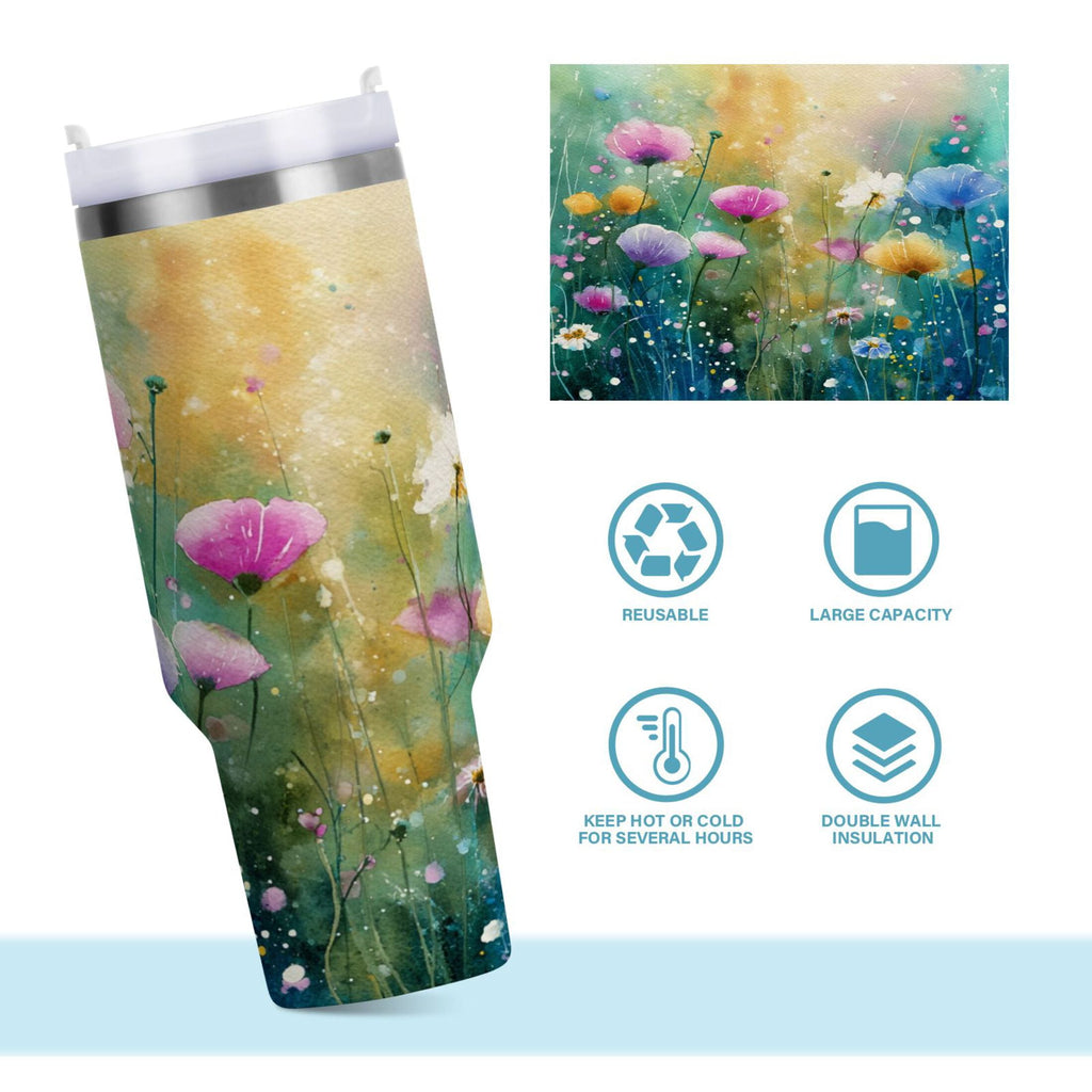 30 oz Insulated Stainless Steel Tumbler Double Wall Stainless Steel Tumbler with 2-Way Drinking Watercolor Wildflowers C563X