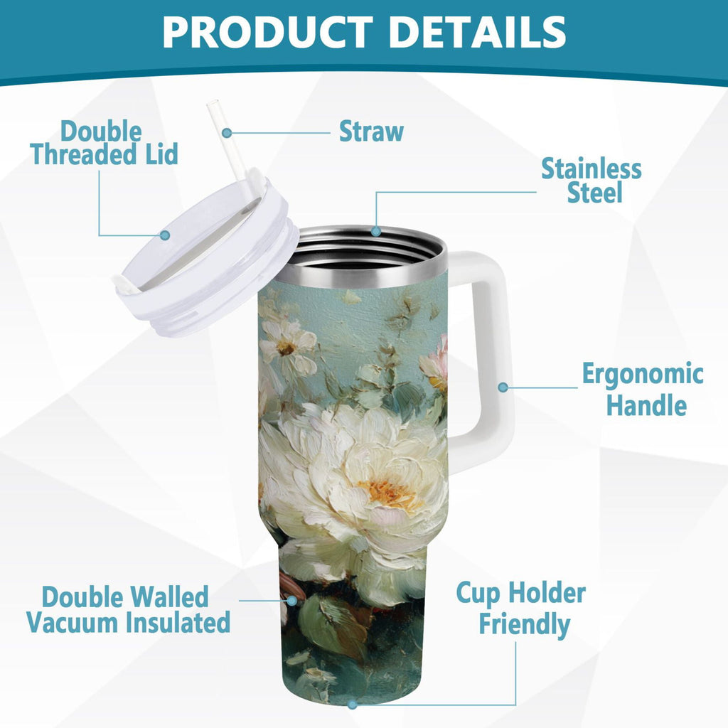40 oz Insulated Stainless Steel Tumbler Double Wall Stainless Steel Tumbler with 2-Way Drinking Vintage Peonies and Daisies C677F
