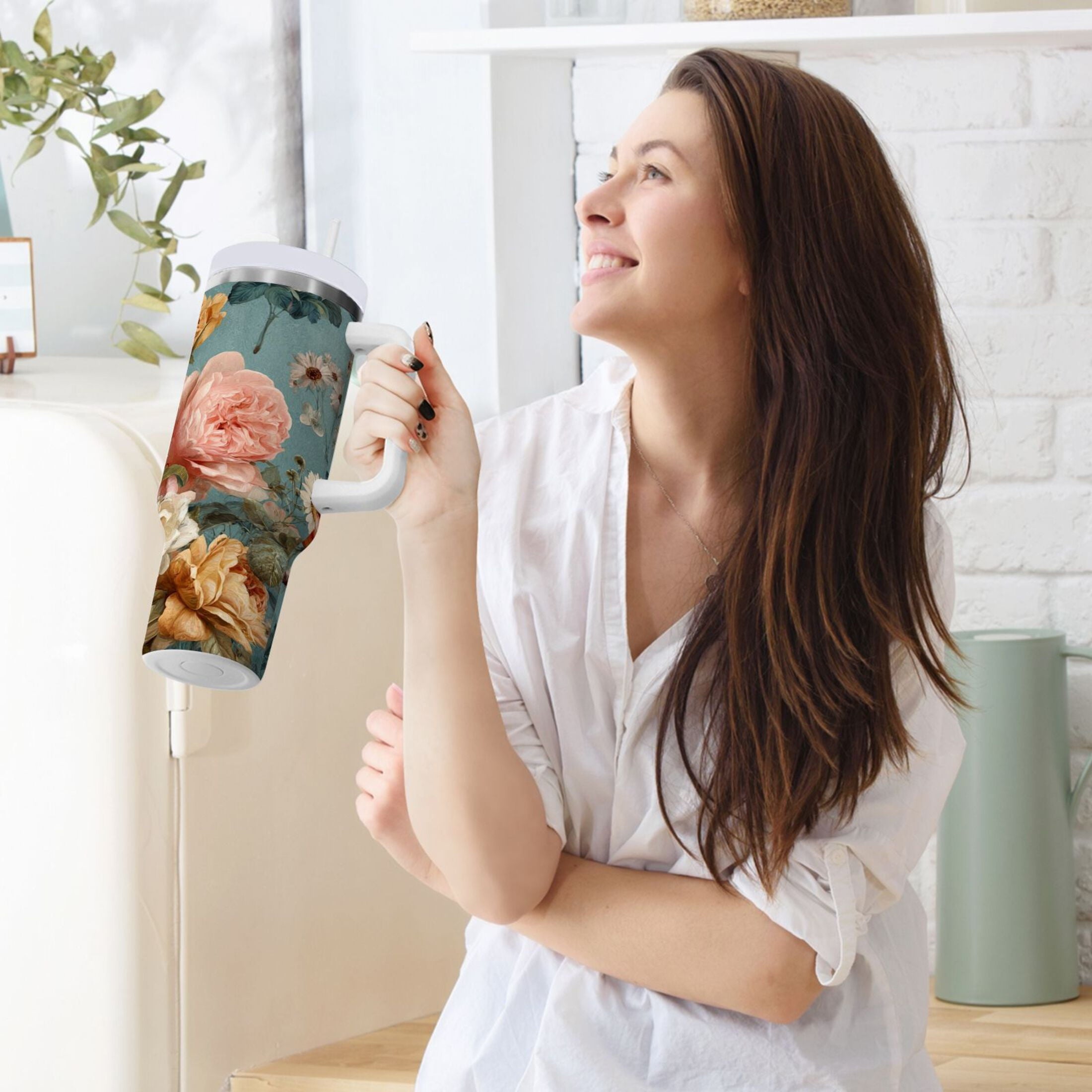 30 oz Insulated Stainless Steel Tumbler Double Wall Stainless Steel Tumbler with 2-Way Drinking Vintage Roses and Peonies C667T