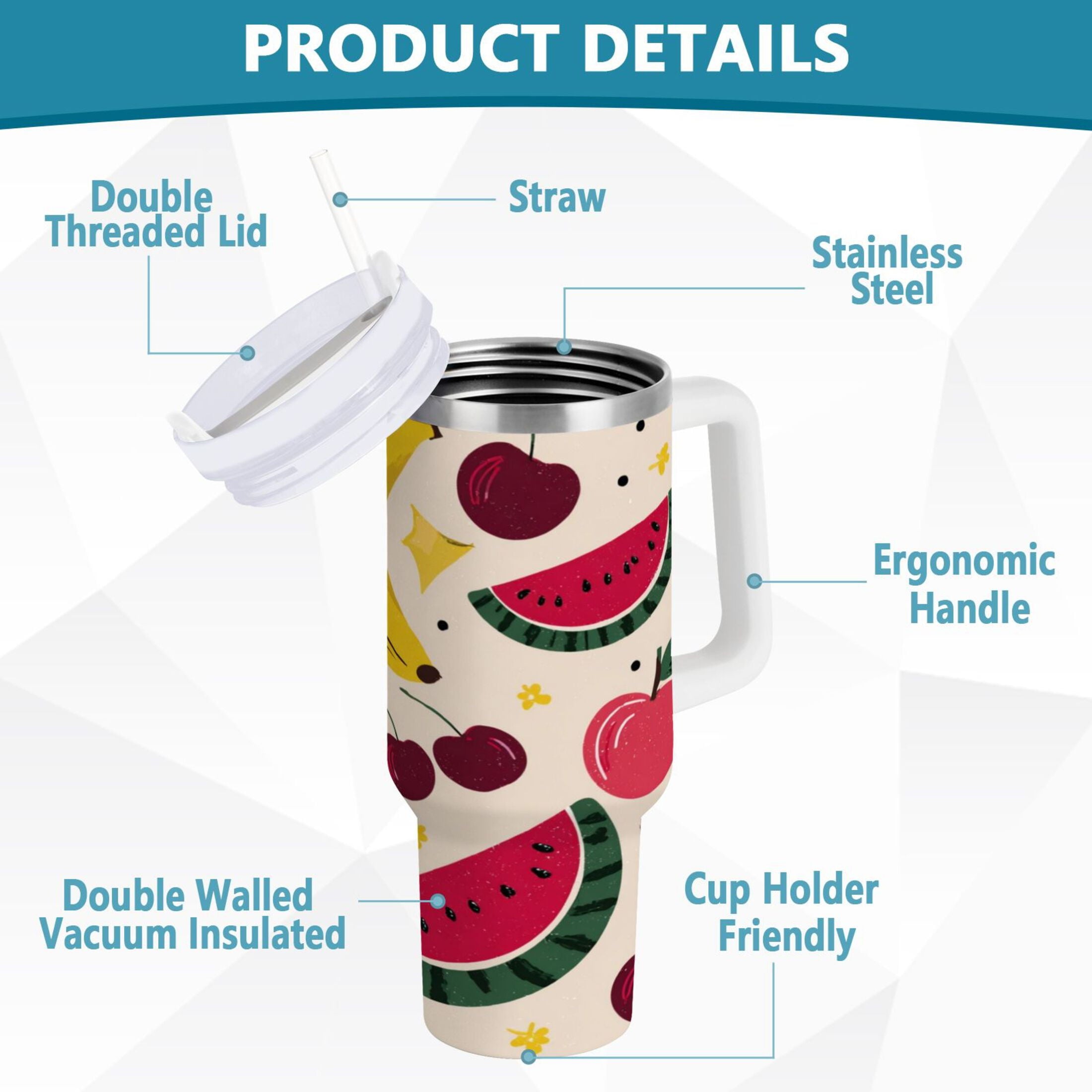 30 oz Insulated Stainless Steel Tumbler Double Wall Stainless Steel Tumbler with 2-Way Drinking Watermelon and Cherries C579K