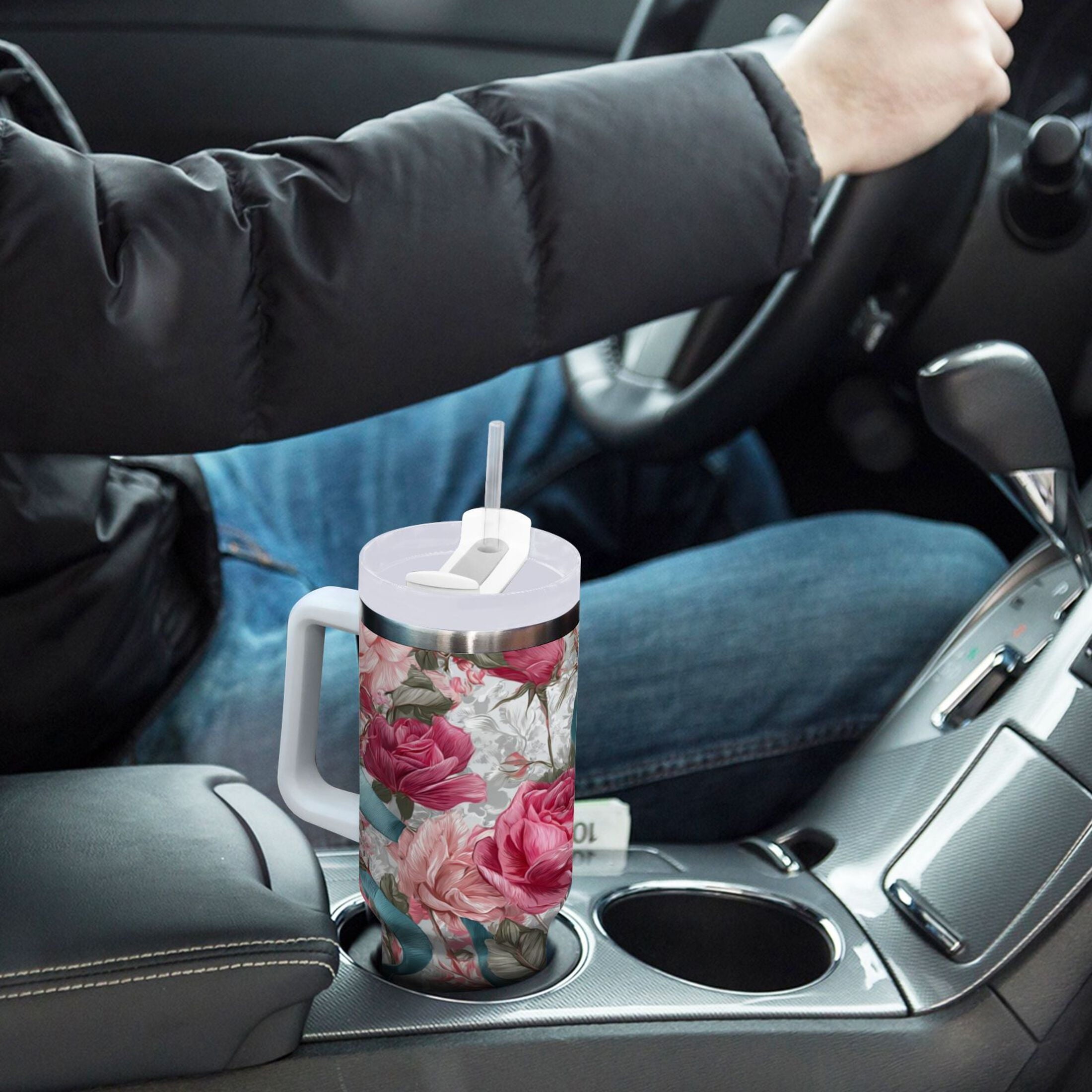 30 oz Insulated Stainless Steel Tumbler Double Wall Stainless Steel Tumbler with 2-Way Drinking Roses and Ribbons C675U