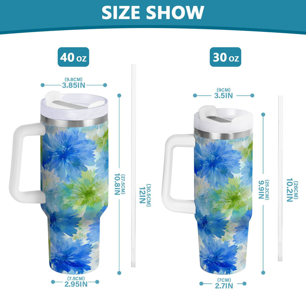 40 oz Insulated Stainless Steel Tumbler Double Wall Stainless Steel Tumbler with 2-Way Drinking Watercolor Blue Cornflowers C567Z