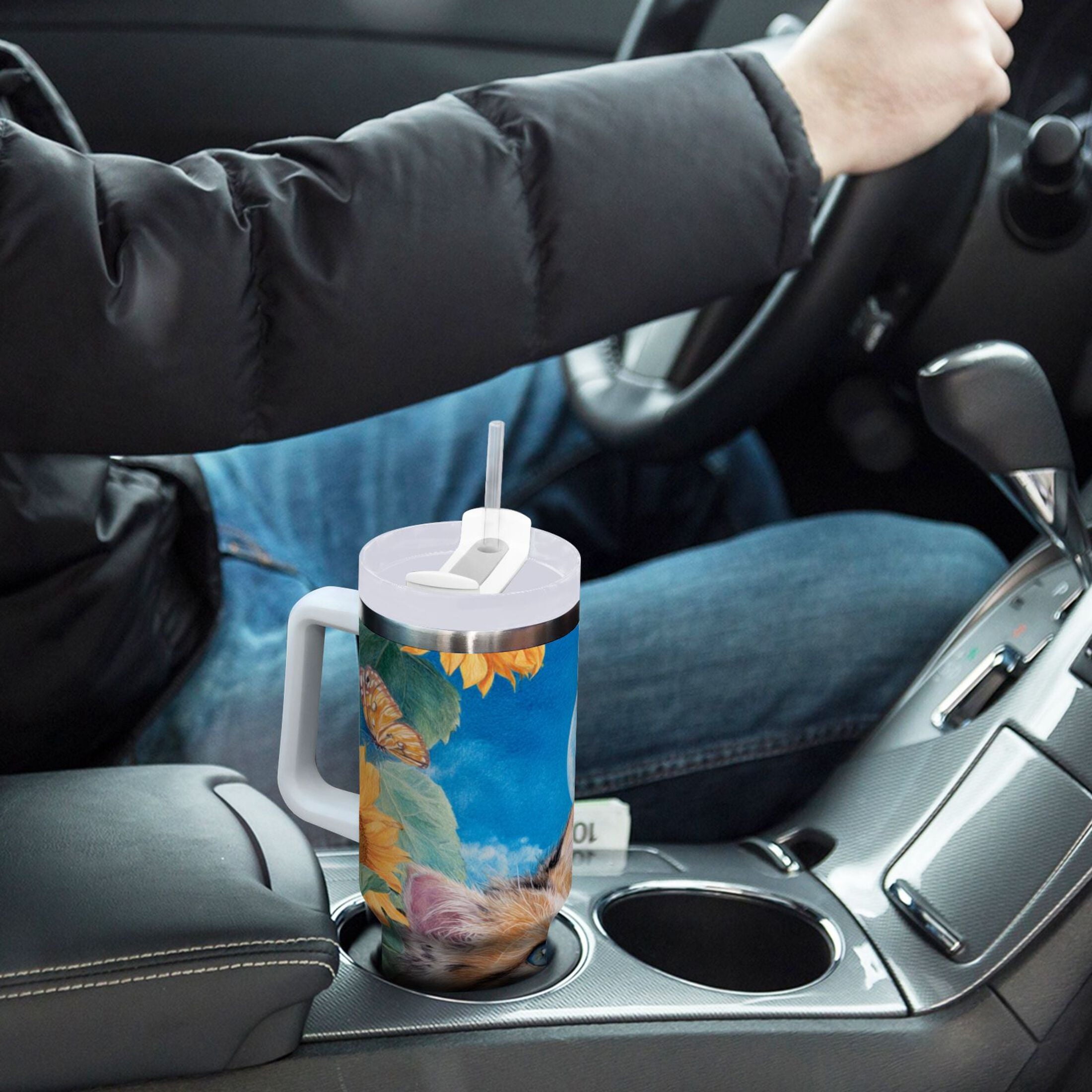 40 oz Insulated Stainless Steel Tumbler Double Wall Stainless Steel Tumbler with 2-Way Drinking Playful Cat Lying Sunflowers C549U