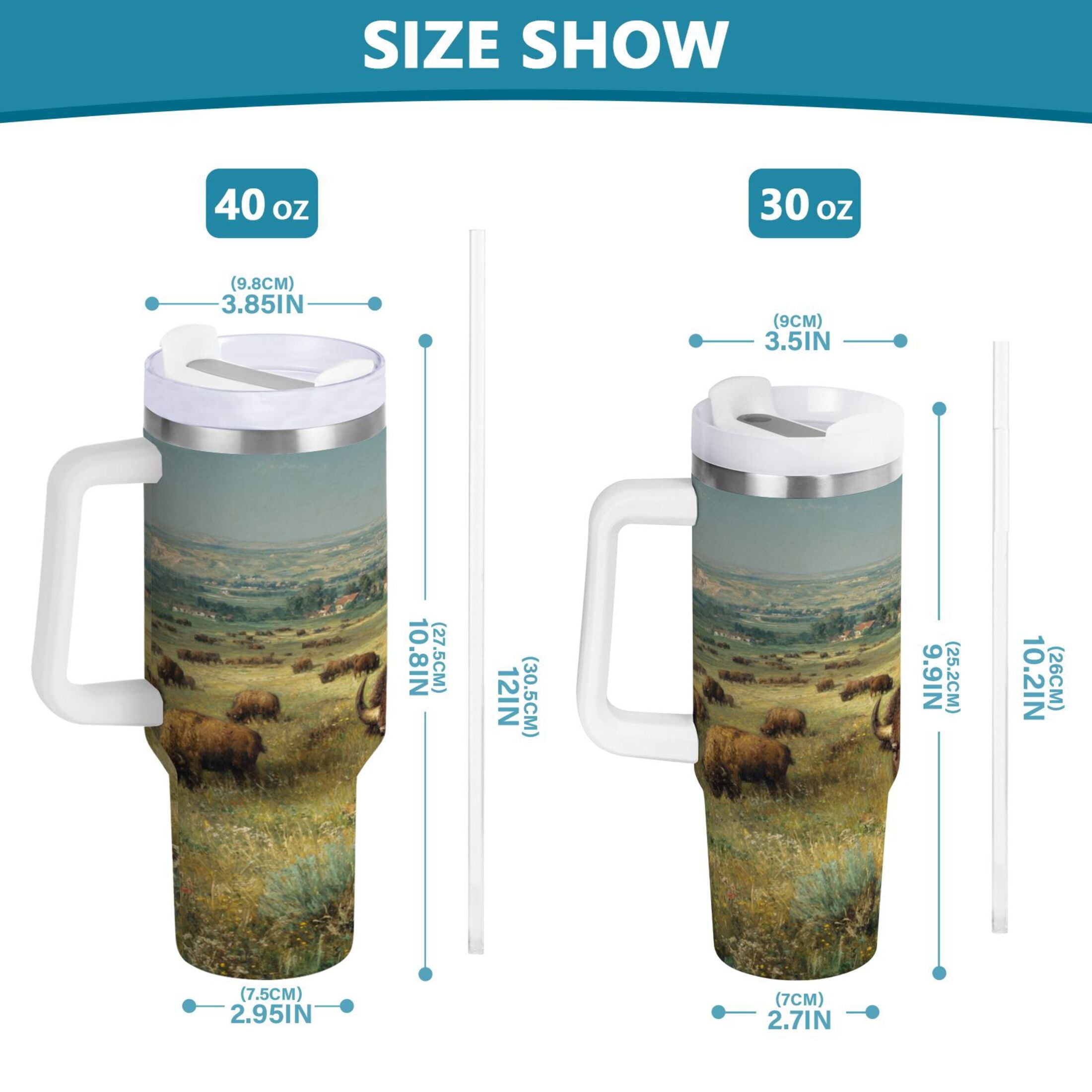 30 oz Insulated Stainless Steel Tumbler Double Wall Stainless Steel Tumbler with 2-Way Drinking Buffalo Herd Oil Painting C660C