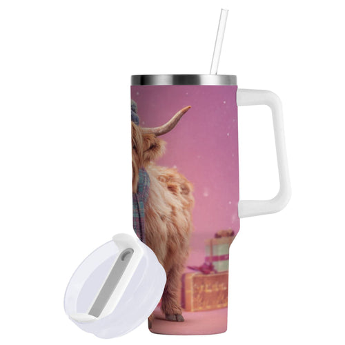 30 oz Insulated Stainless Steel Tumbler Double Wall Stainless Steel Tumbler with 2-Way Drinking Cow Wearing Christmas C626R