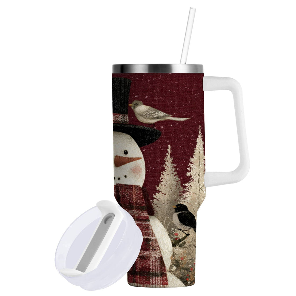 30 oz Insulated Stainless Steel Tumbler Double Wall Stainless Steel Tumbler with 2-Way Drinking Snowman and Birds C637Y