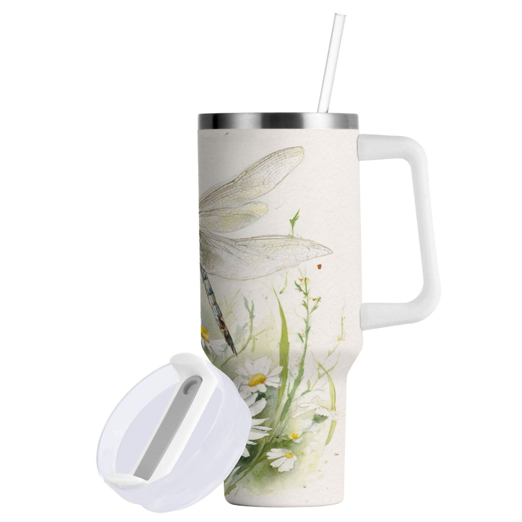 30 oz Insulated Stainless Steel Tumbler Double Wall Stainless Steel Tumbler with 2-Way Drinking Dragonflies with White Daisies C655T