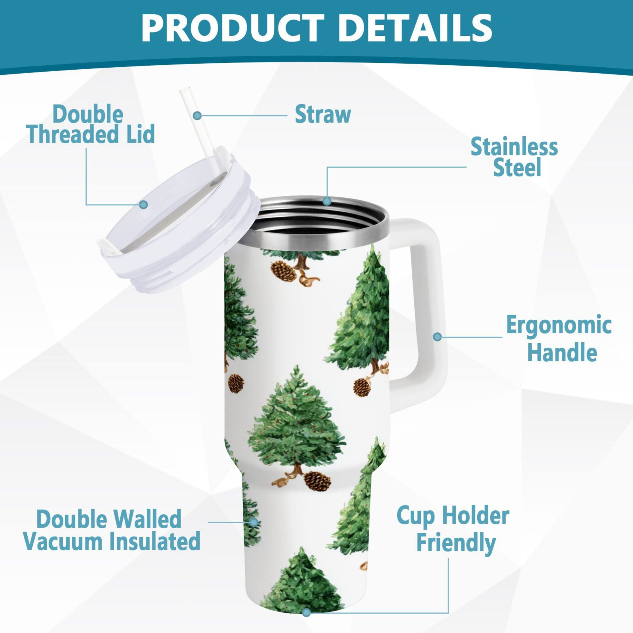 30 oz Insulated Stainless Steel Tumbler Double Wall Stainless Steel Tumbler with 2-Way Drinking Watercolor Green Christmas Tree C533S