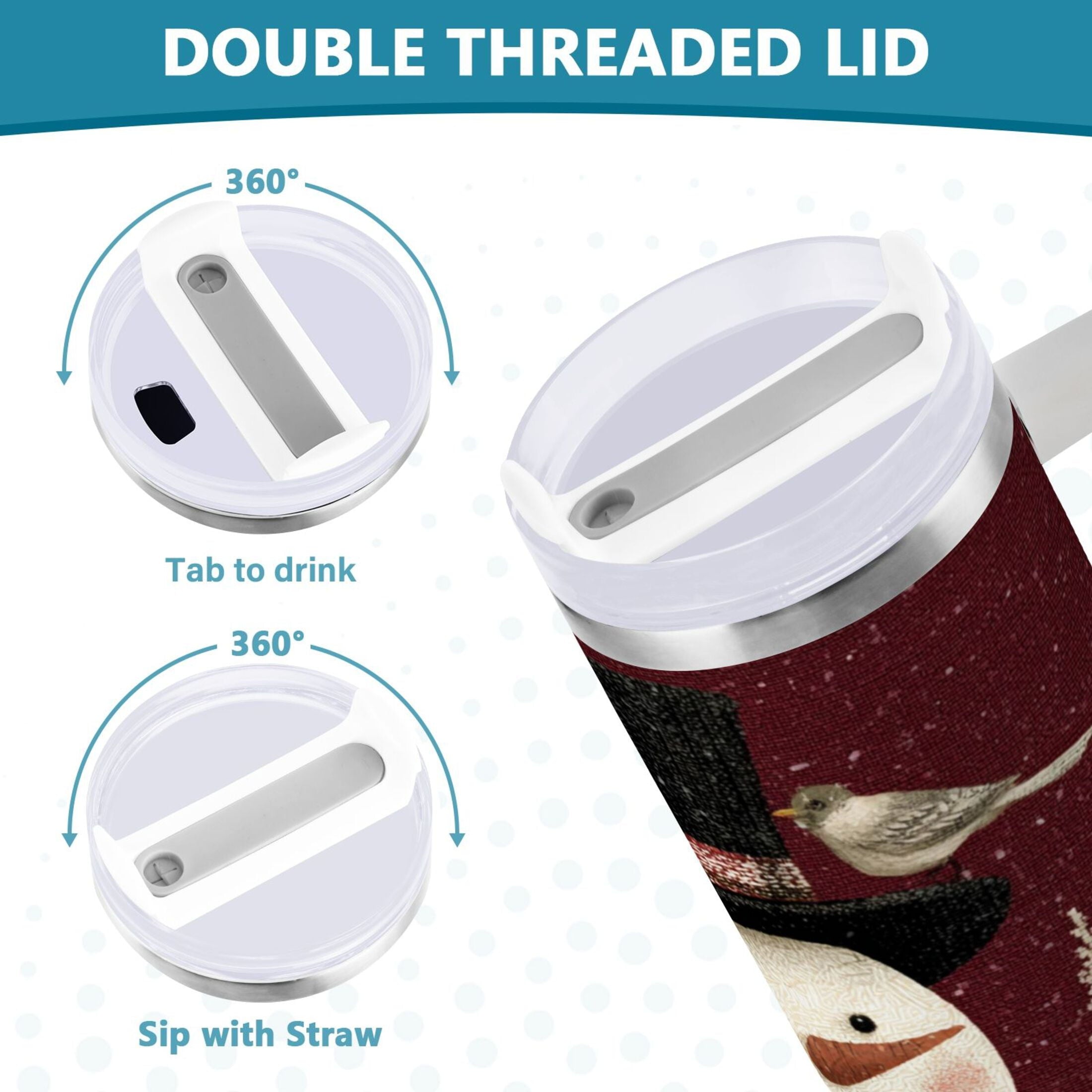 30 oz Insulated Stainless Steel Tumbler Double Wall Stainless Steel Tumbler with 2-Way Drinking Snowman and Birds C637Y