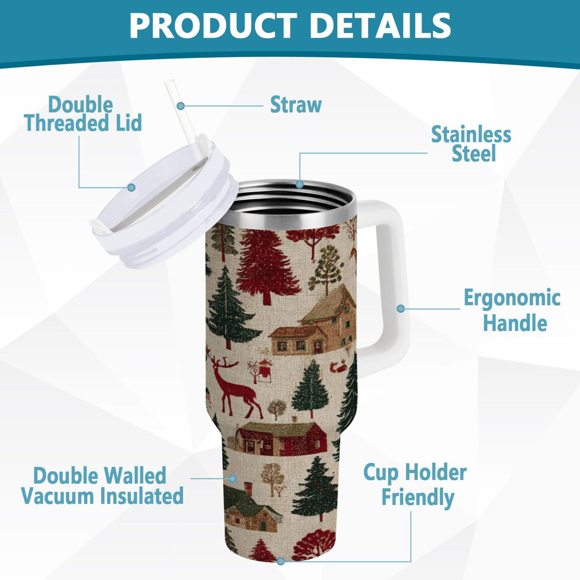 30 oz Insulated Stainless Steel Tumbler Double Wall Stainless Steel Tumbler with 2-Way Drinking Christmas Trees Deer and Houses C577Y