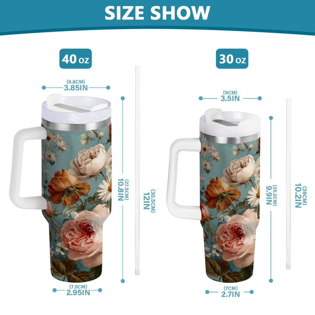 30 oz Insulated Stainless Steel Tumbler Double Wall Stainless Steel Tumbler with 2-Way Drinking Vintage Roses and Peonies C667T