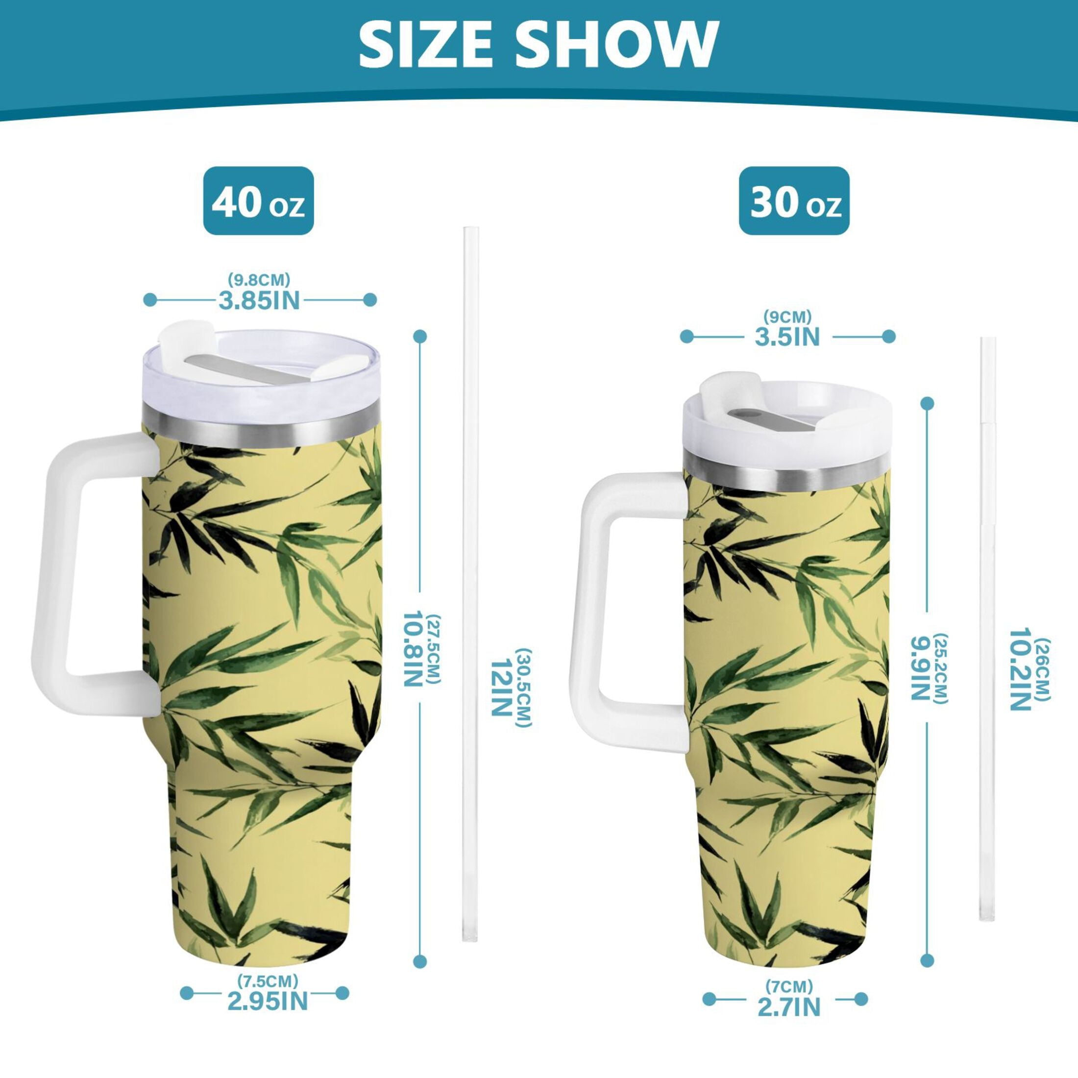 30 oz Insulated Stainless Steel Tumbler Double Wall Stainless Steel Tumbler with 2-Way Drinking Bamboo and Green Leaves C633T