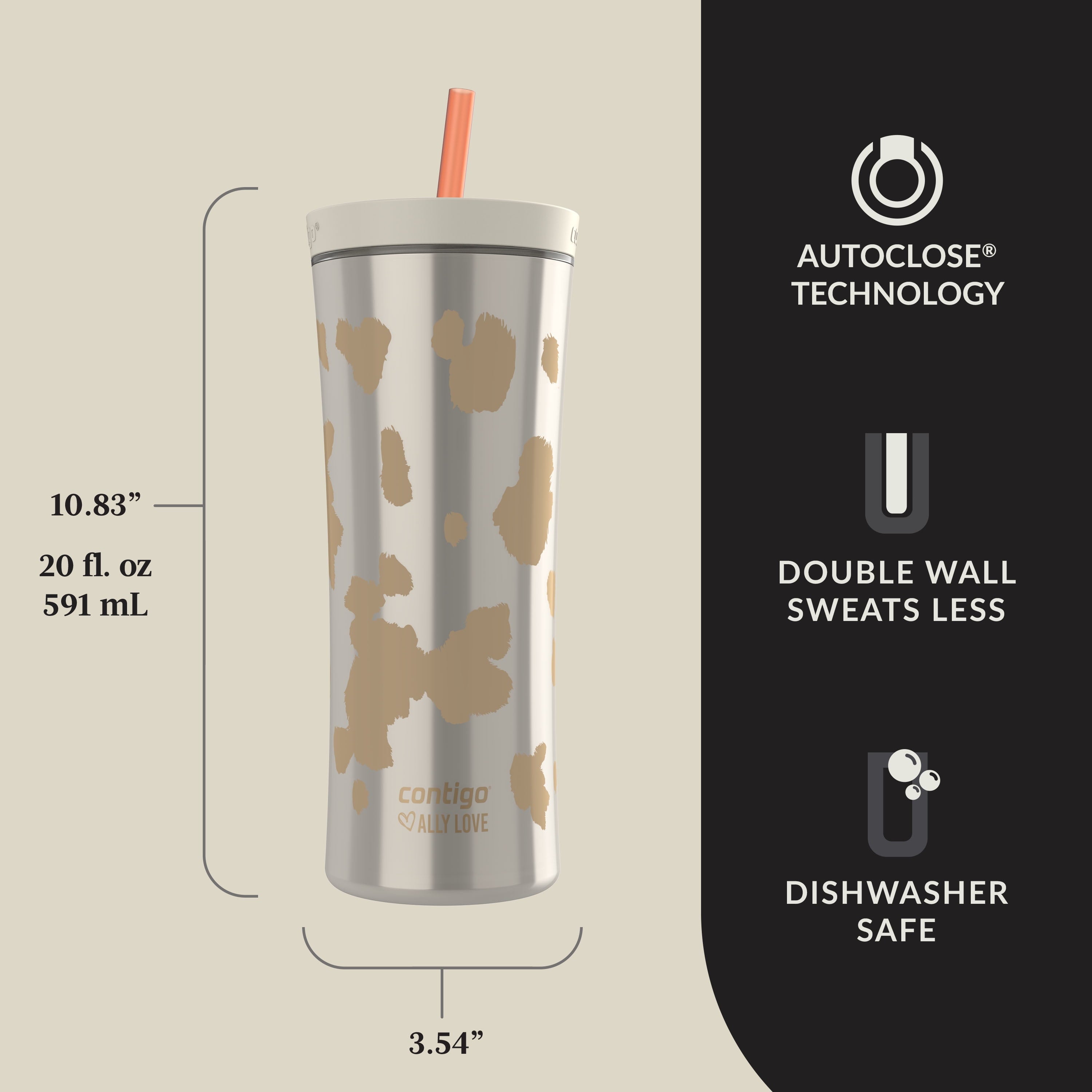 Contigo 20oz Shake &amp; Go Tumbler, Plastic with Straw, Oatmilk Cowhide Couture C120X