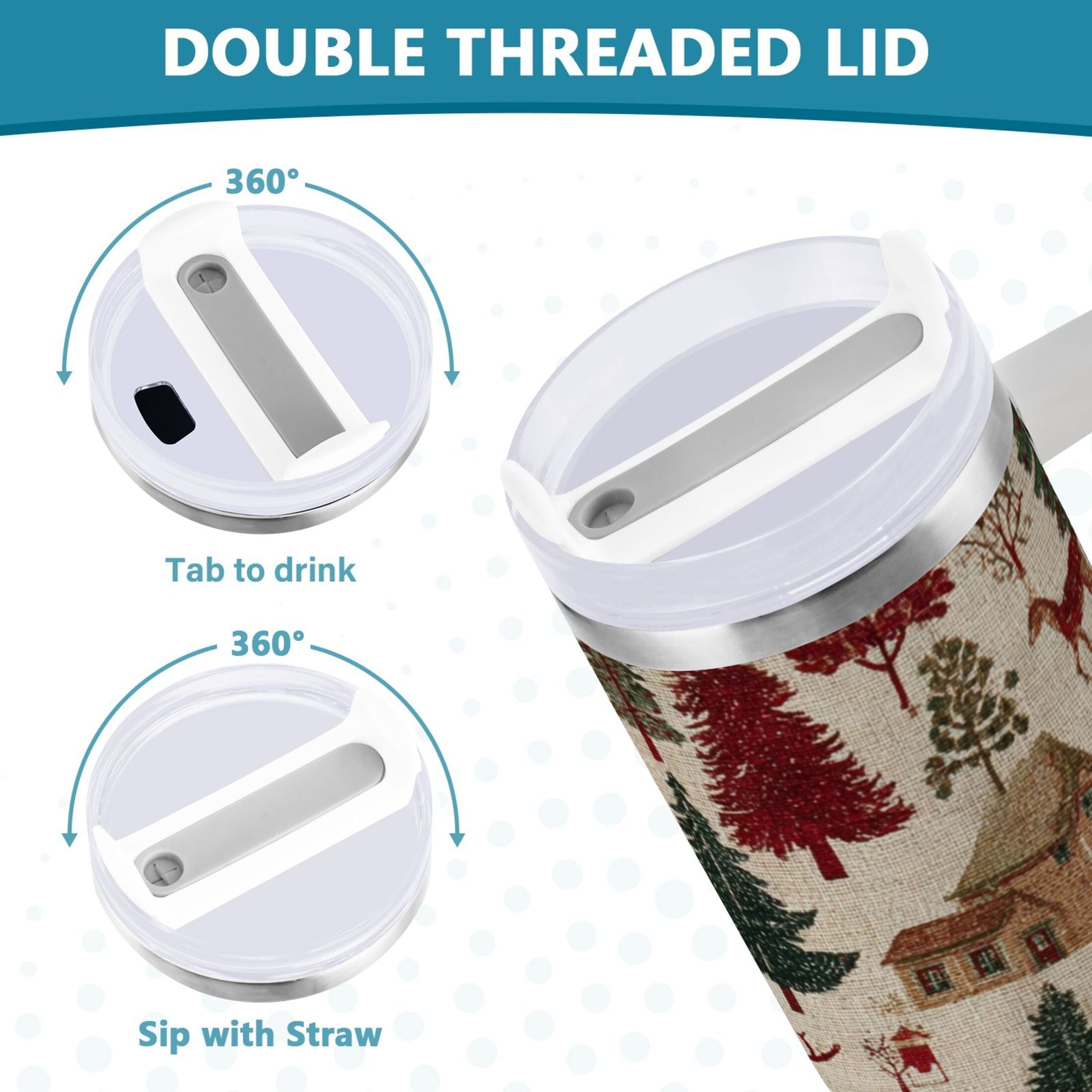 30 oz Insulated Stainless Steel Tumbler Double Wall Stainless Steel Tumbler with 2-Way Drinking Christmas Trees Deer and Houses C577Y