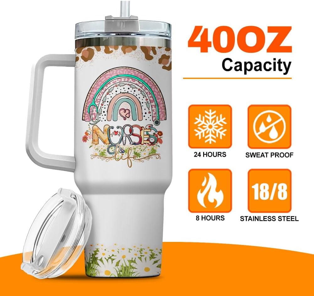 Tumbler 40 Oz With Handle Lid And Straw, Nurse Gifts, Black Camo White Engraved Print Travel Nurses Tumblers Handle Funny Cups Nursing For, Great Nurse Rainbow Daisy Flower C683A